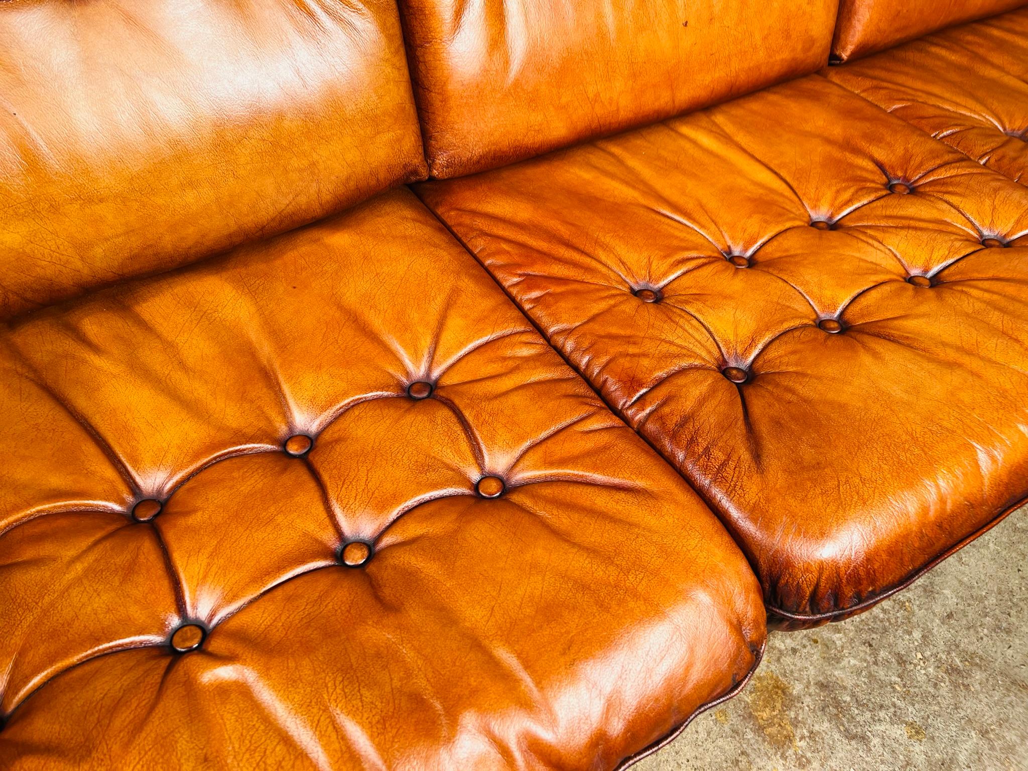 Elegant Vintage Danish 1970s Tan Three Seater Leather Sofa Cane Sides