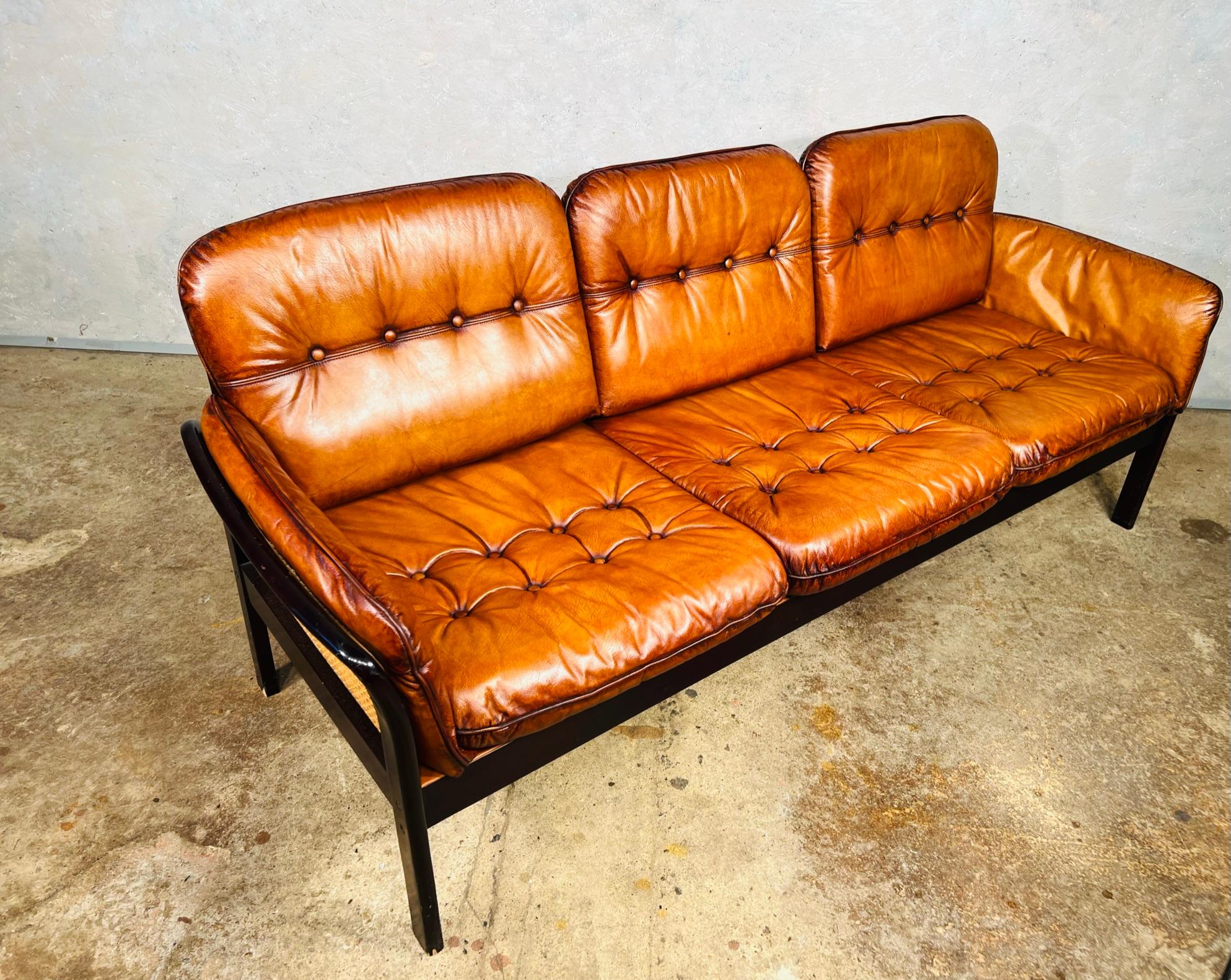 Elegant Vintage Danish 1970s Tan Three Seater Leather Sofa Cane Sides 728 For Sale at 1stDibs