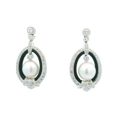 Elegant Vintage Diamond, Onyx & South Sea Pearl Drop Earrings in 18K White Gold