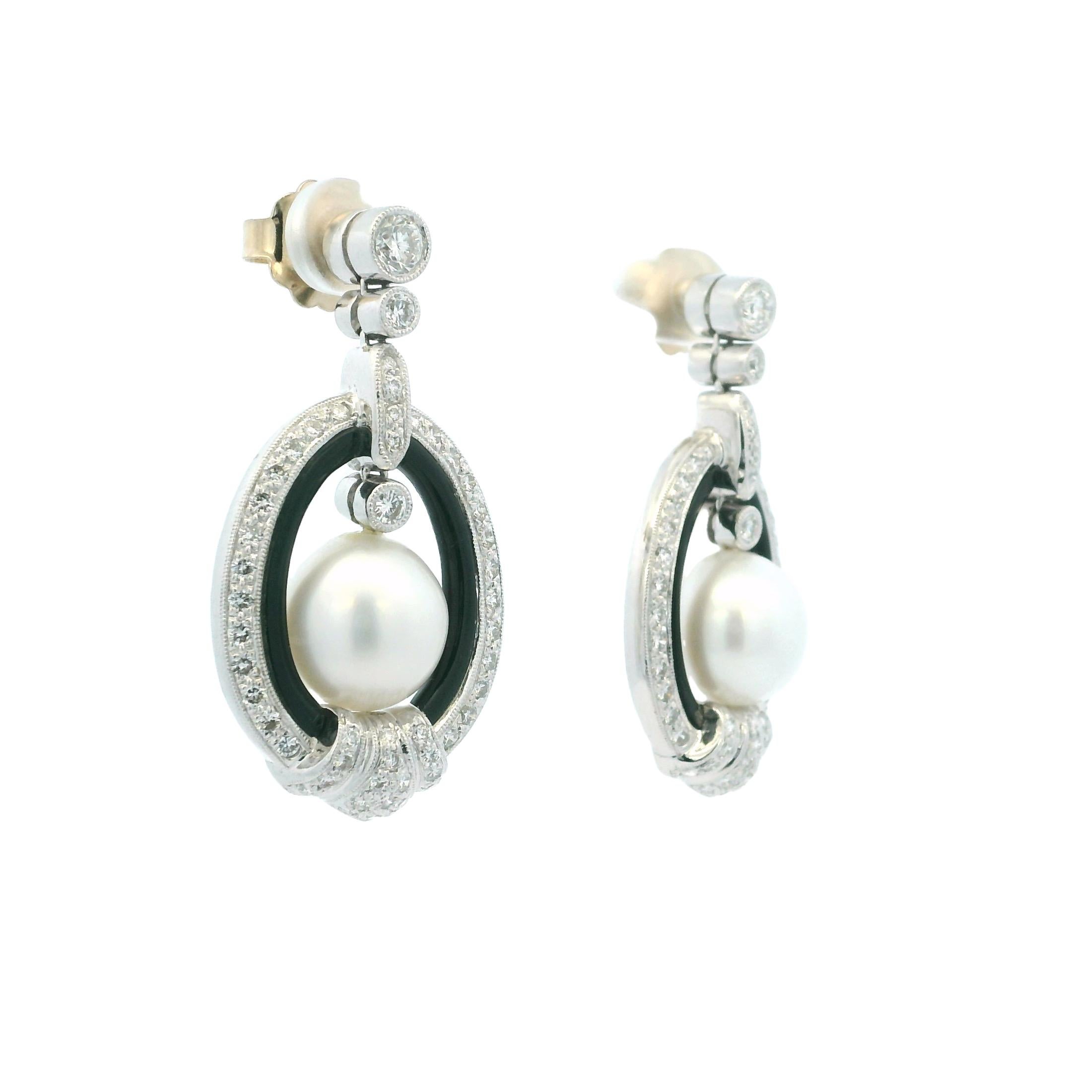 Art Deco Elegant Vintage Diamond, Onyx & South Sea Pearl Drop Earrings in 18K White Gold For Sale