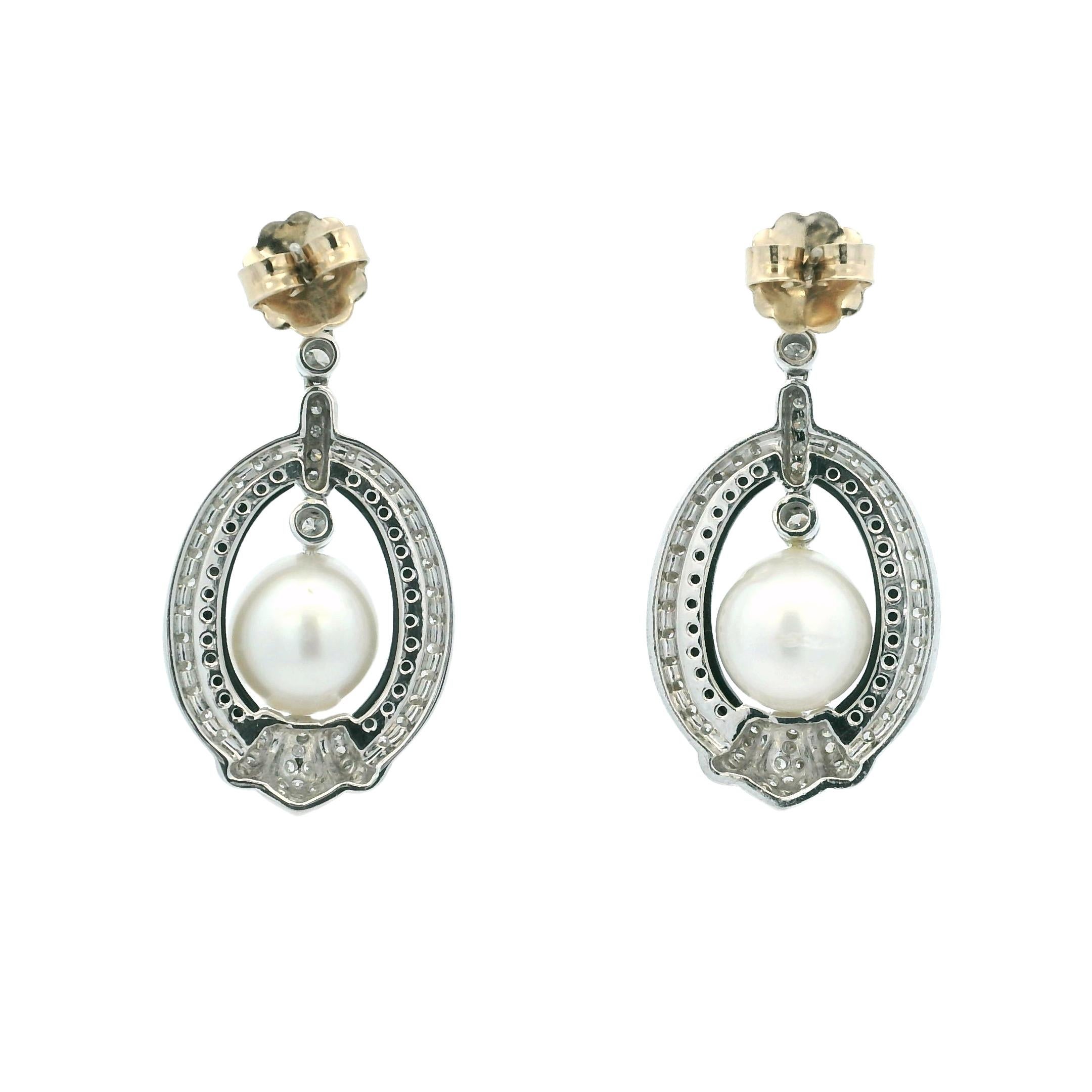 Round Cut Elegant Vintage Diamond, Onyx & South Sea Pearl Drop Earrings in 18K White Gold For Sale