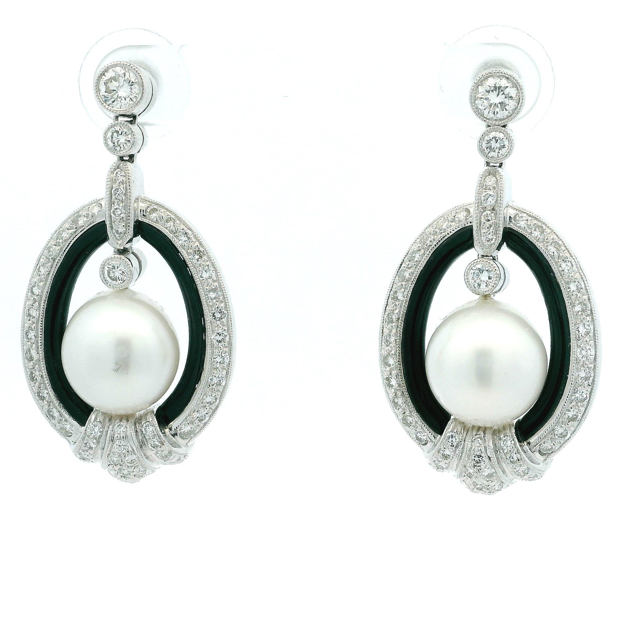 Women's Elegant Vintage Diamond, Onyx & South Sea Pearl Drop Earrings in 18K White Gold For Sale