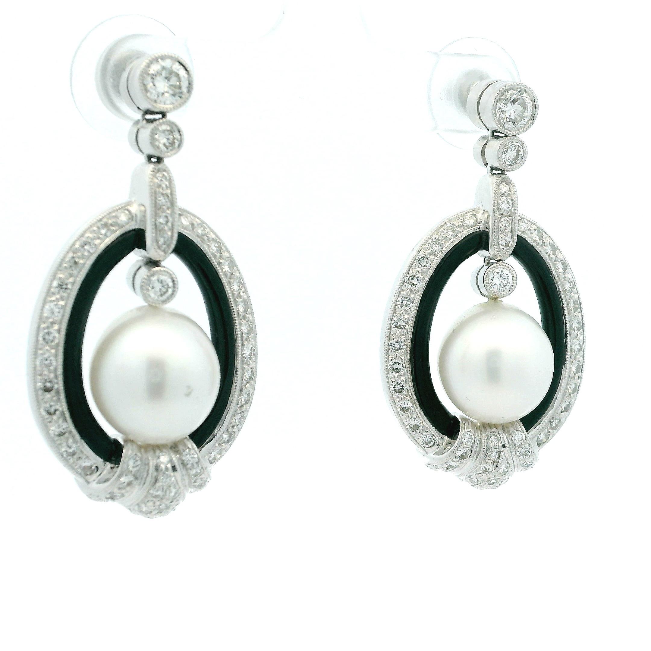Elegant Vintage Diamond, Onyx & South Sea Pearl Drop Earrings in 18K White Gold For Sale 1