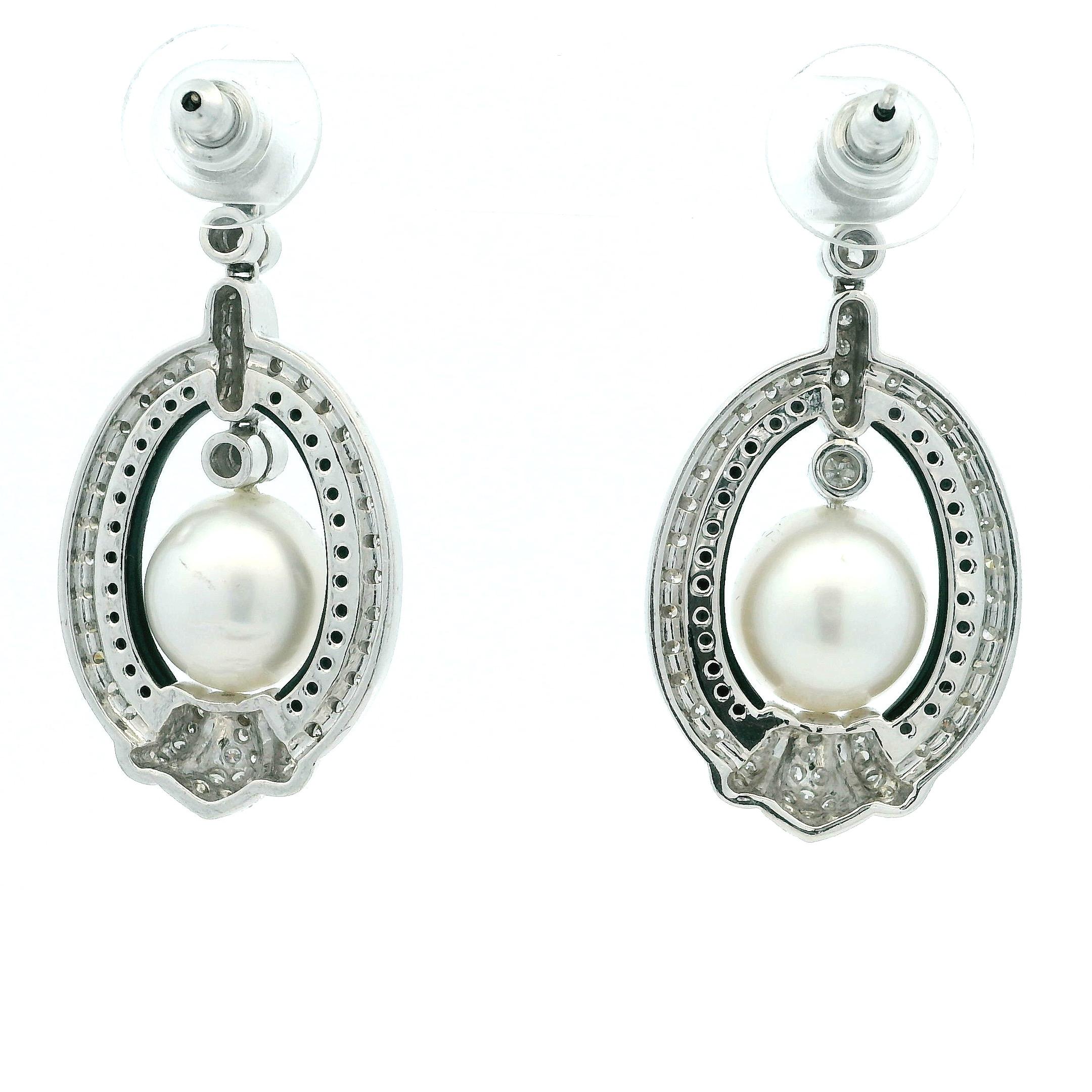 Elegant Vintage Diamond, Onyx & South Sea Pearl Drop Earrings in 18K White Gold For Sale 2