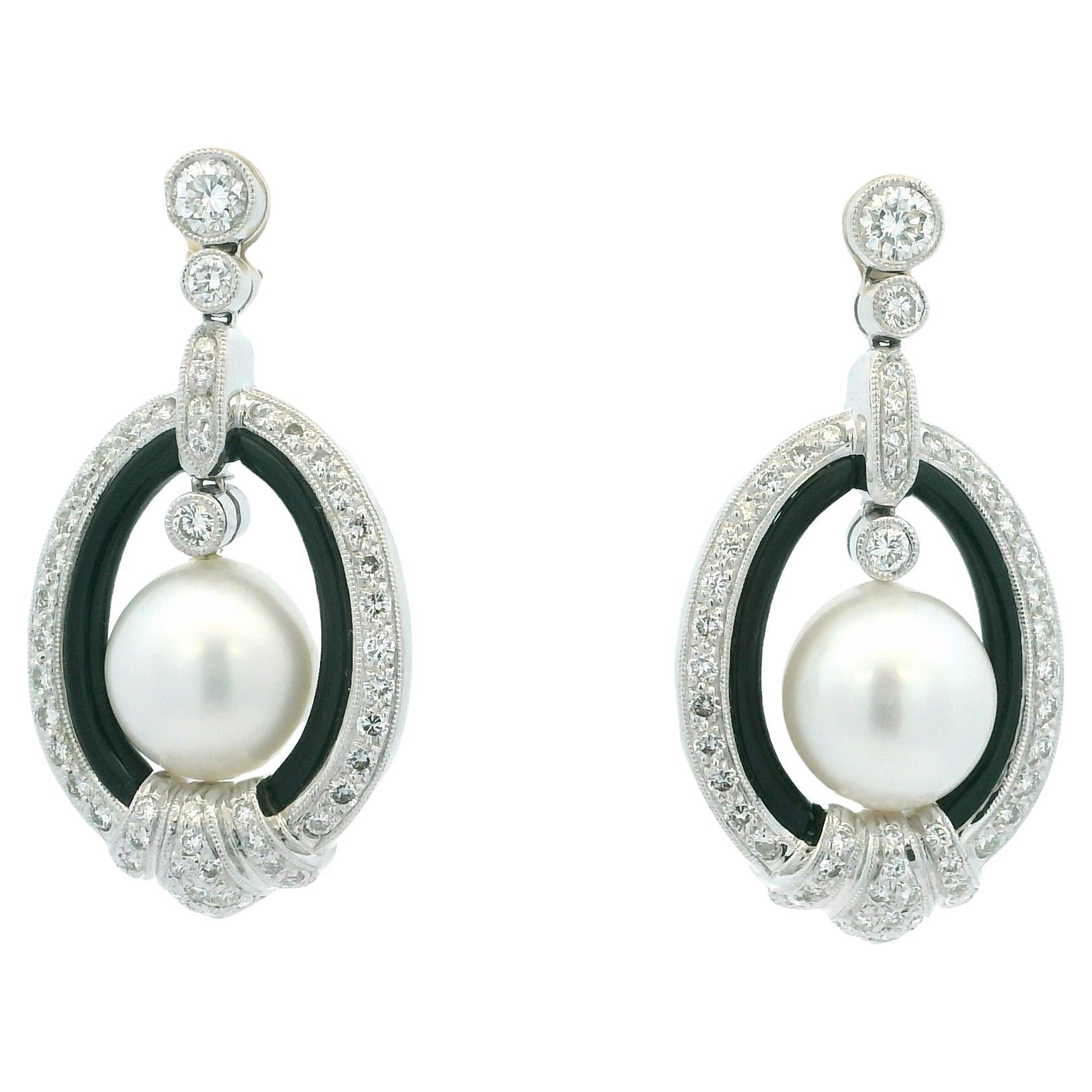 Elegant Vintage Diamond, Onyx & South Sea Pearl Drop Earrings in 18K White Gold For Sale