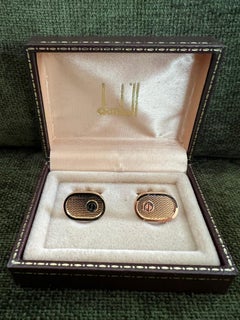 Elegante Dunhill-Manschettenknöpfe im Vintage-Stil, vergoldet, Logo vorne mit Originalgehäuse