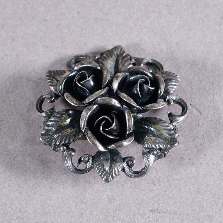 Broche Florale Ancienne En Argent 835 Et Marcassites - Occasion