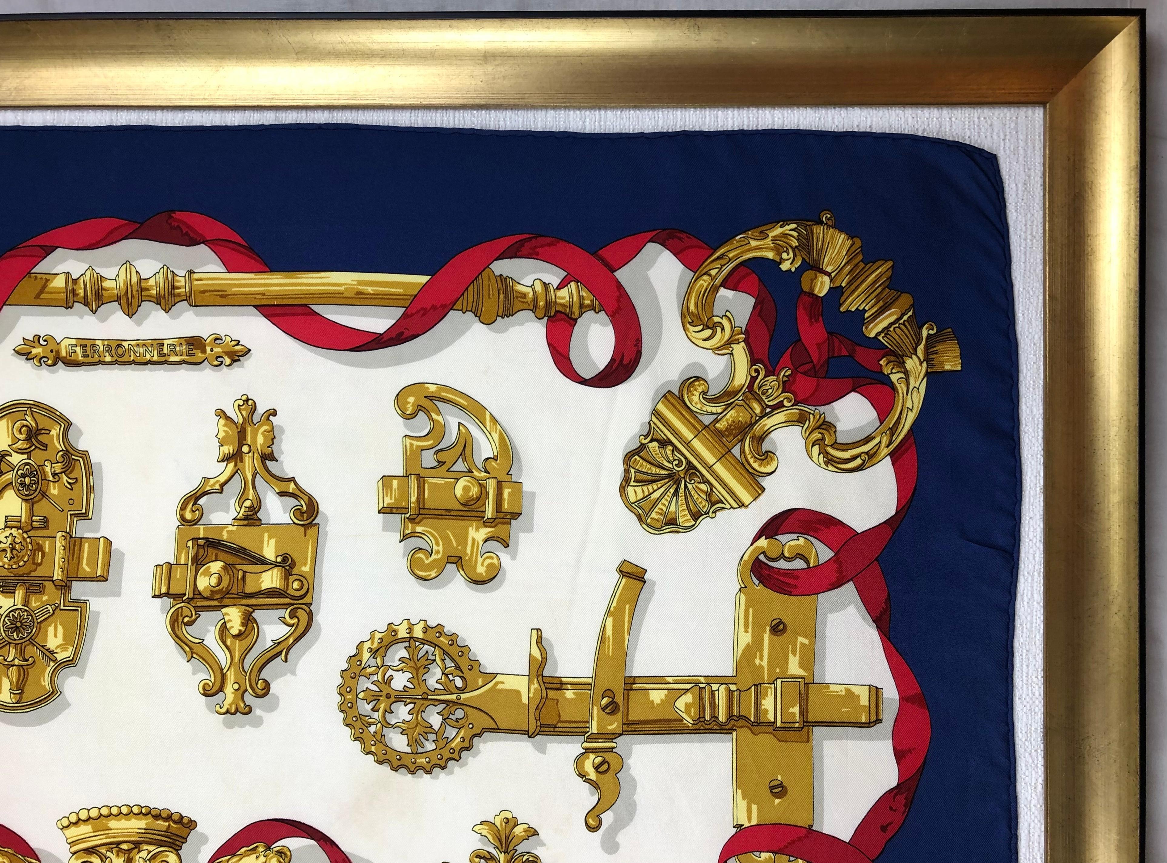 20th Century Elegant Vintage Hermes Scarf, Navy Red & Gold by Caty de Savigny For Sale