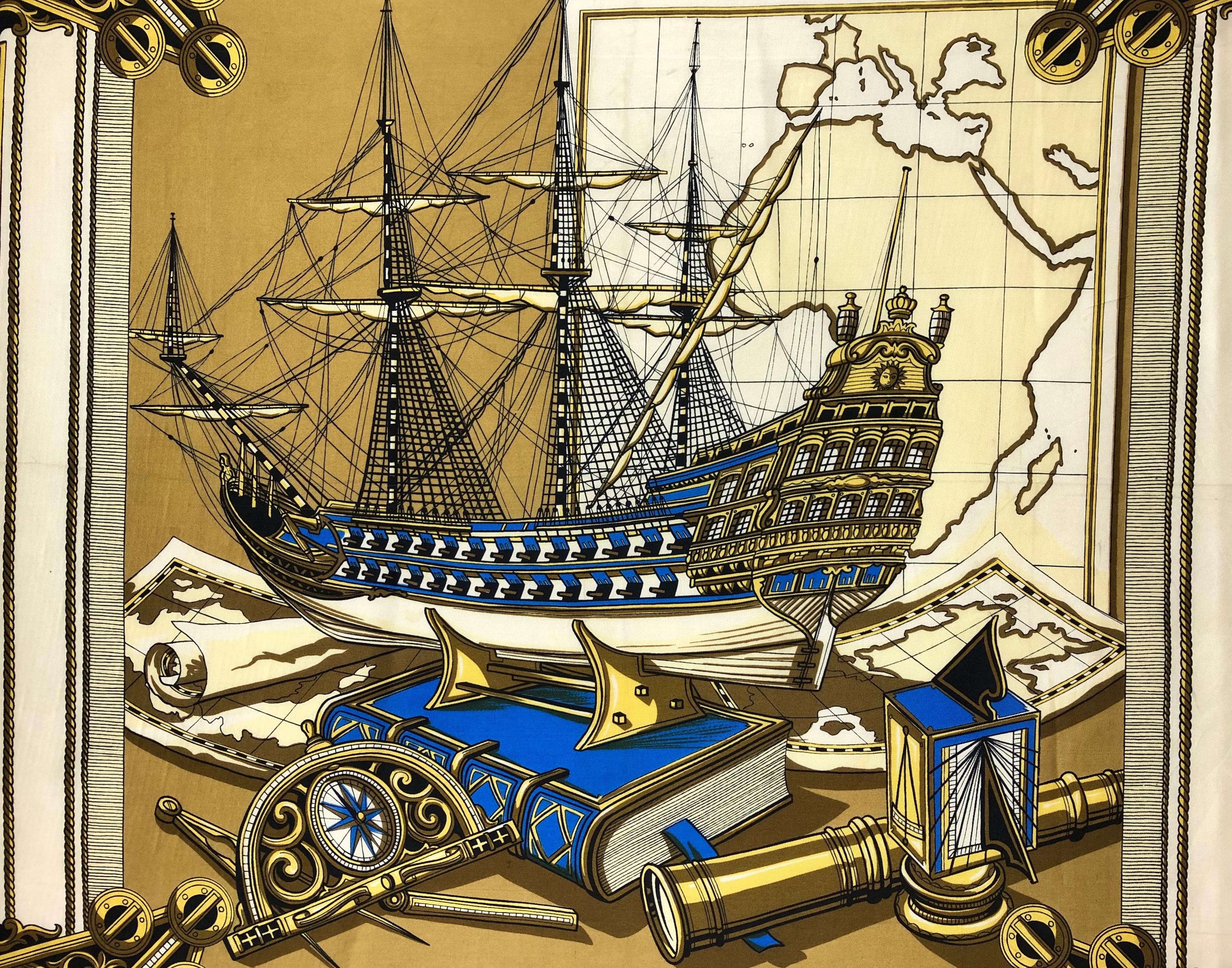 Vintage Framed Hermes Style Scarf Wall Art, Navy, Gold & Blue Sailboat (Französisch) im Angebot