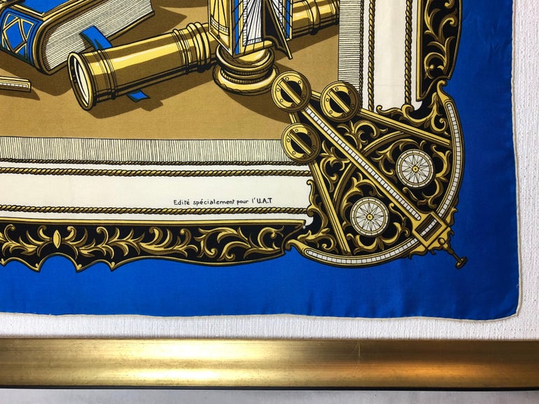 custom-framed-hermes-silk-scarf-gold-leaf-blue - Acme Framing