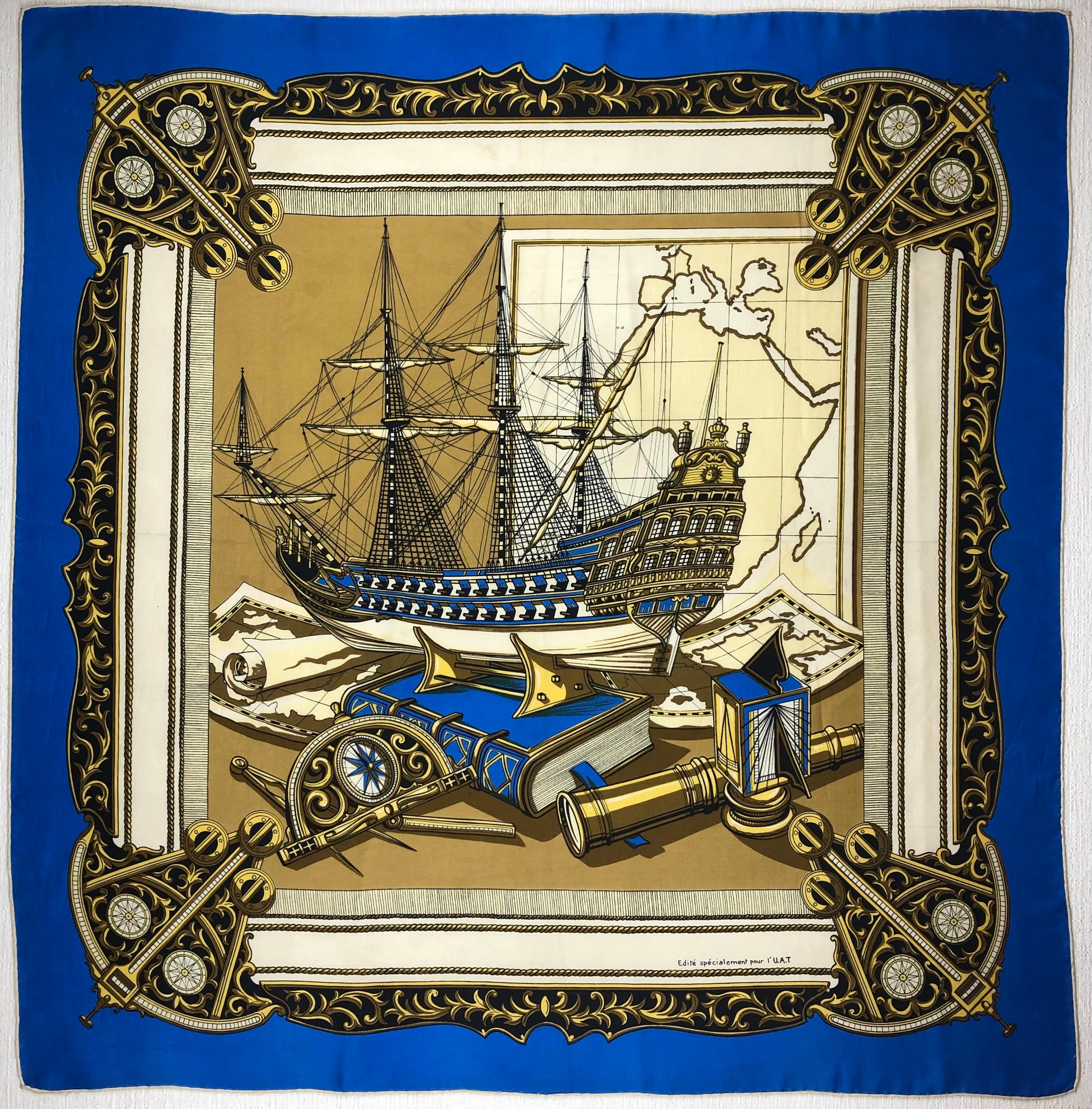 French Vintage Framed Hermes Style Scarf Wall Art, Navy, Gold & Blue Sailboat For Sale