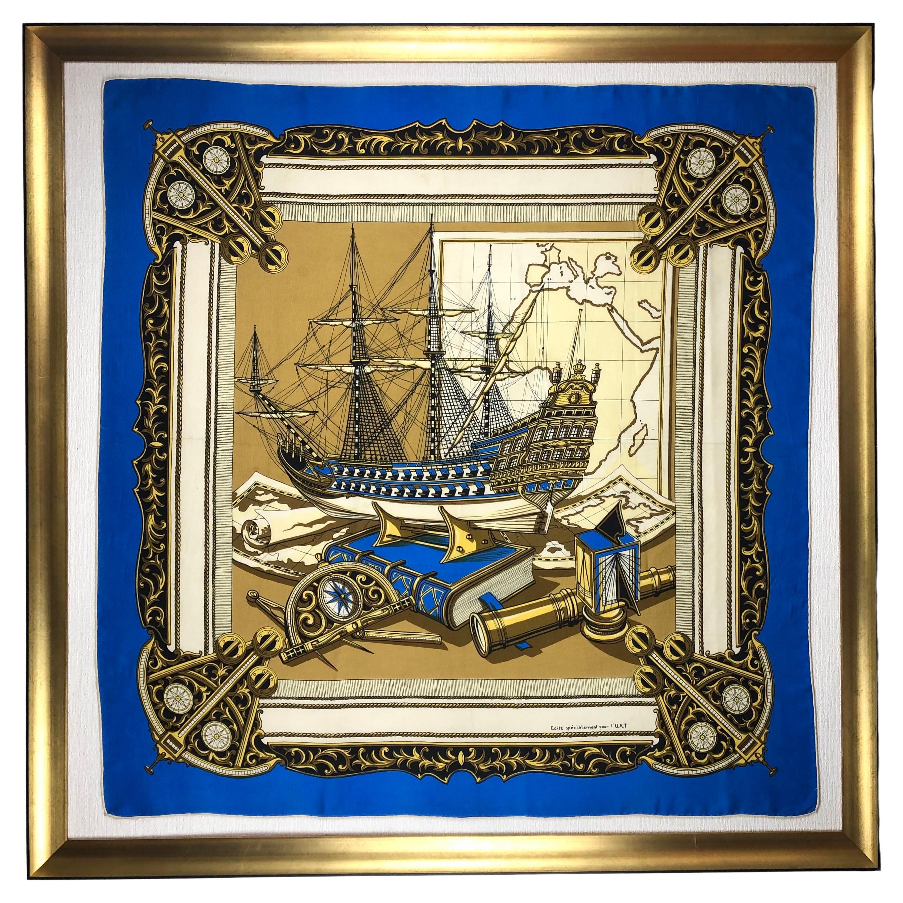 Elegant Vintage Framed Hermes Style Scarf Wall Art, Navy, Gold & Blue Sailboat