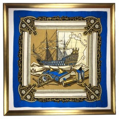 Elegant Vintage Framed Hermes Style Scarf Wall Art, Navy, Gold & Blue Sailboat