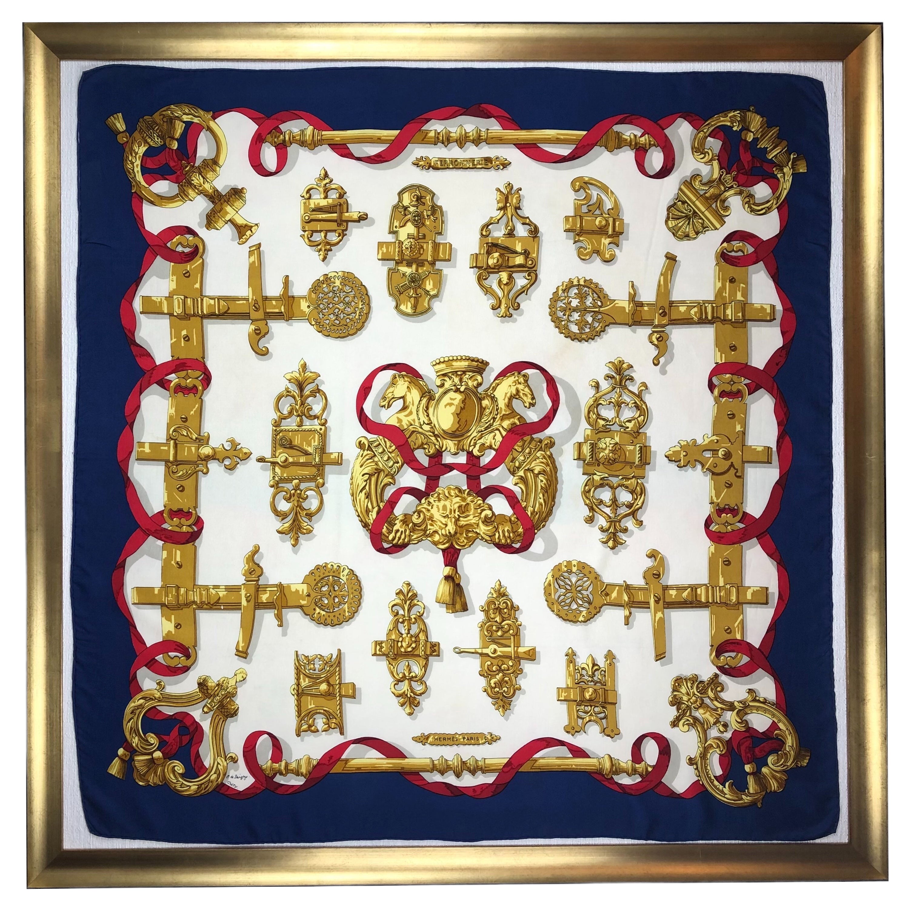 Elegant Vintage Hermes Scarf, Navy Red & Gold by Caty de Savigny