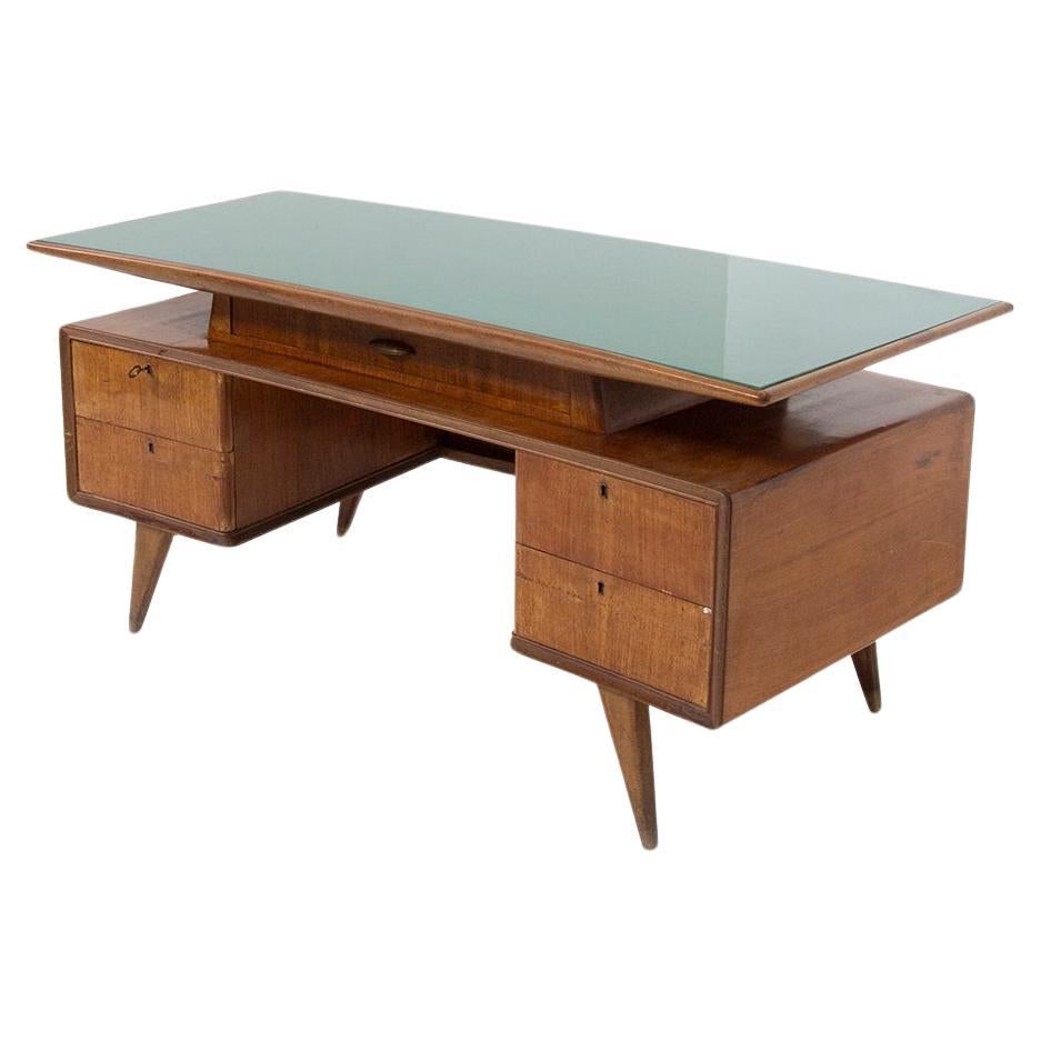 Elegant vintage Italian desk with green glass For Sale