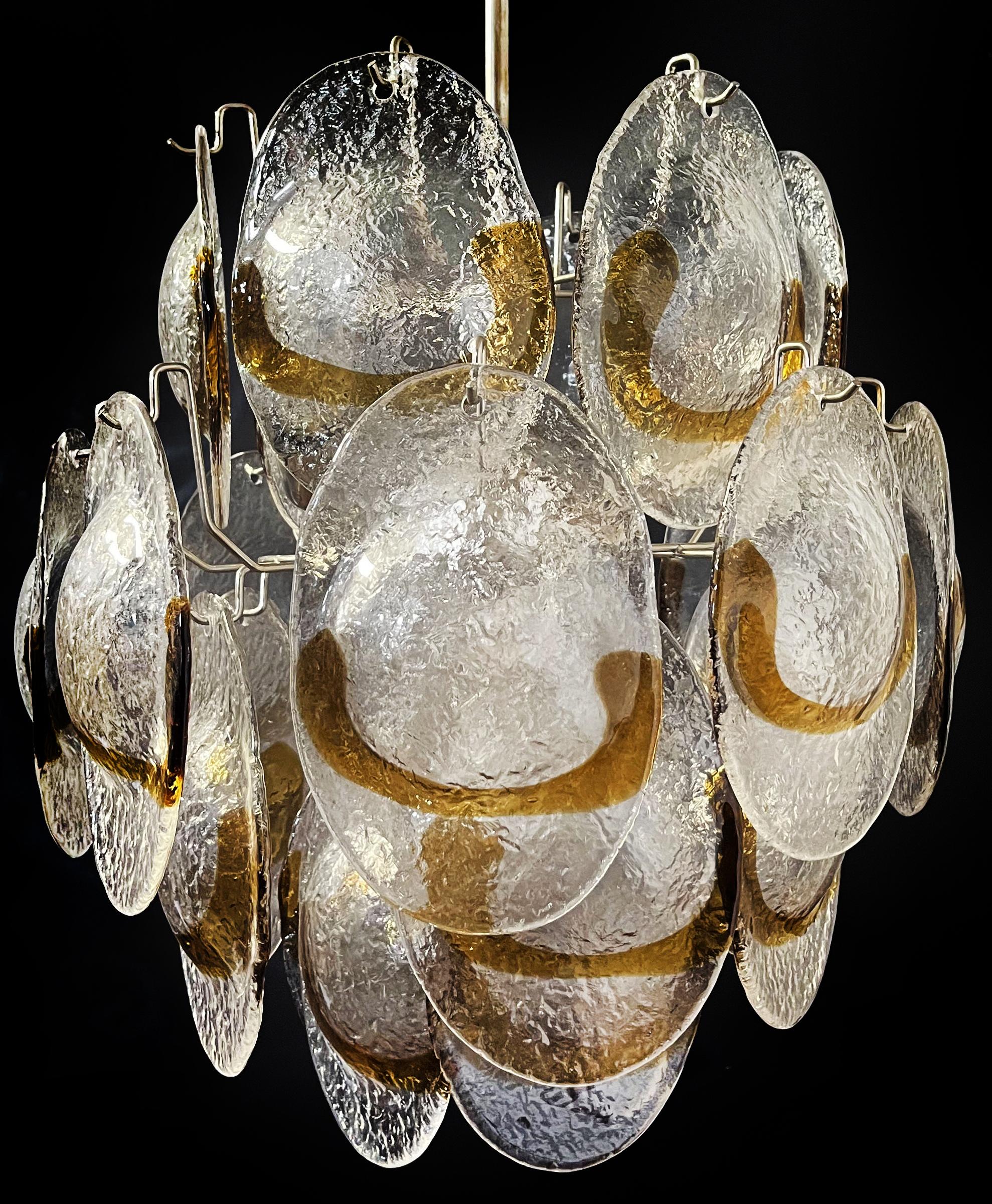 Galvanized Elegant Vintage Italian Murano Chandeliers, 24 Clear and Amber For Sale