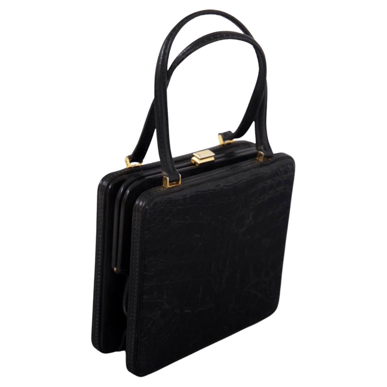 Vintage Briefcase Purse Faux Leather Brown Gold 80s Handbag 