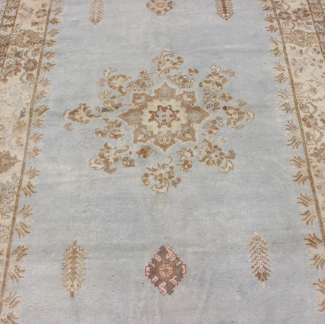 Wool Vintage Hand Knotted Moroccan Rug in Pale Blue, Taupe and Light Brown For Sale