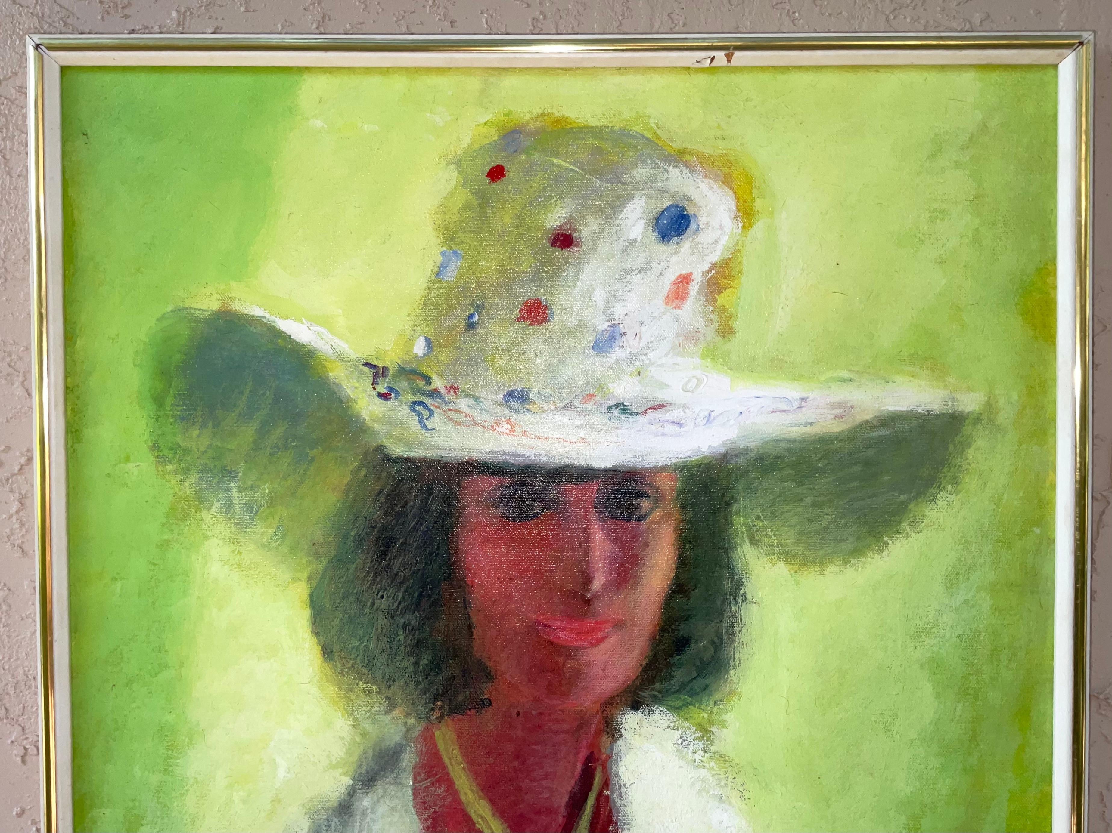Vintage-Gemälde von eleganten Frau nach vorne schauen anmutig, mit geheimnisvollen Blick, schöne Farben Kombinationen, große dekorative Malerei.
Schild im Hintergrund.
