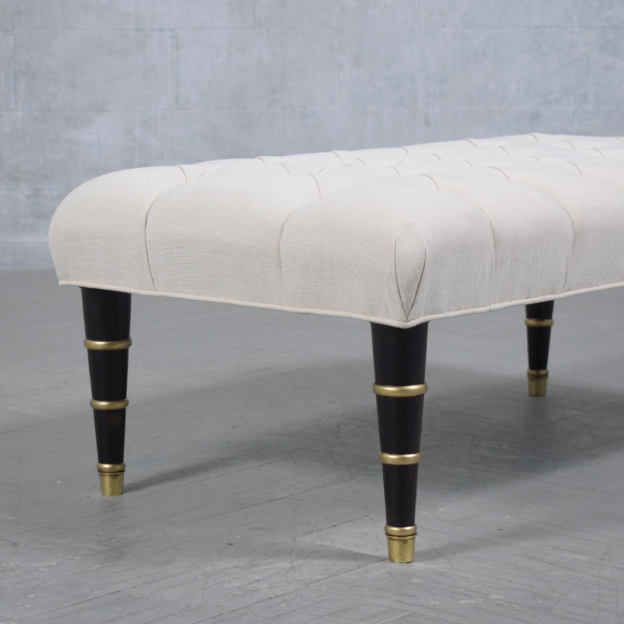 Hand-Crafted Vintage Regency-Style Mahogany Bench: Ebonized Finish with Gilt Molding & Brass For Sale