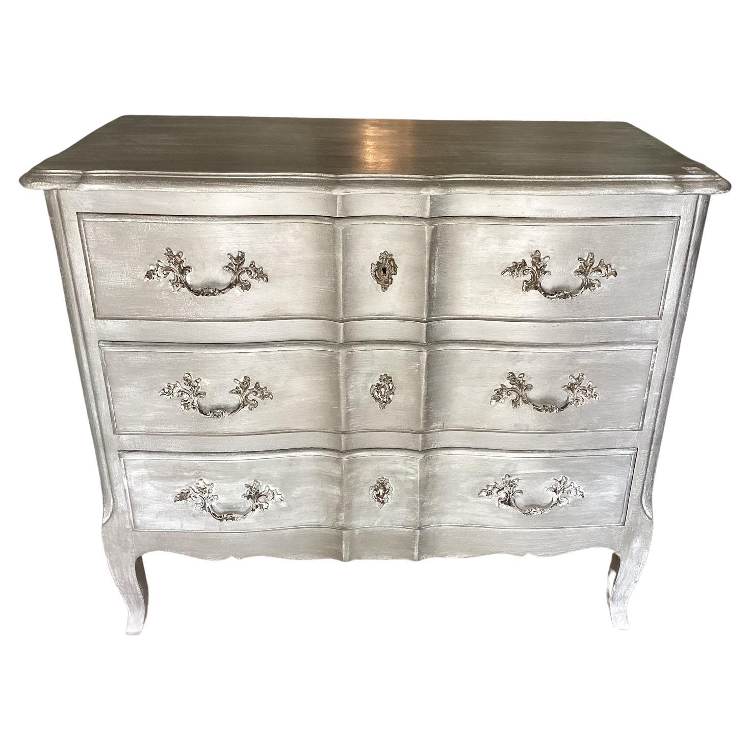 Elegant Vintage Silver Painted French Chest of Drawers For Sale