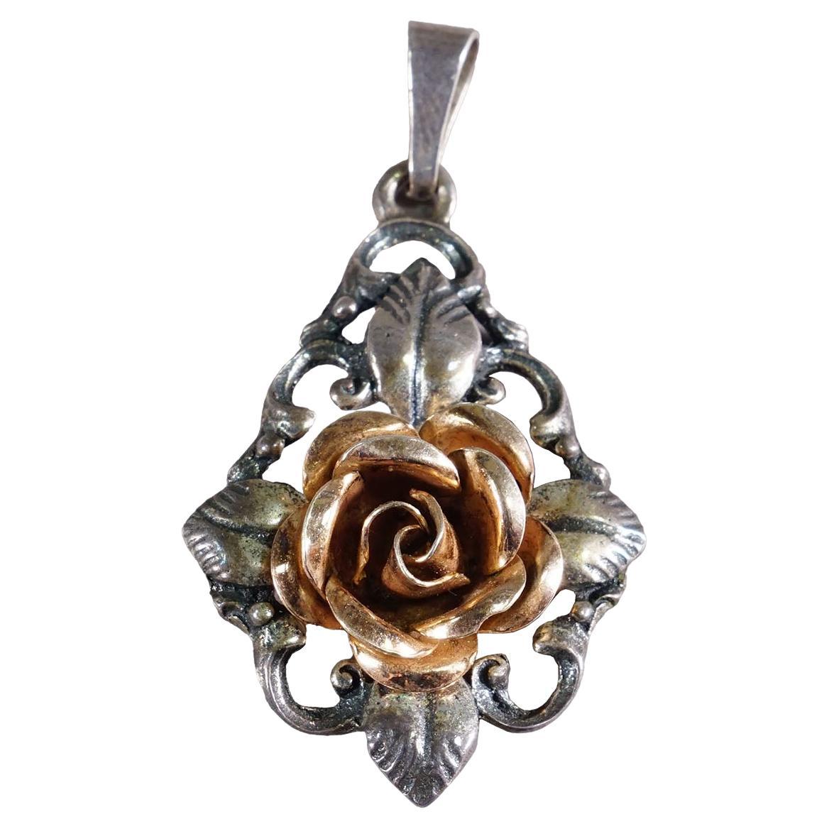 Elegant Vintage Silver Pendant with gold-plated Rosenheim Rose, Germany ca. 1950