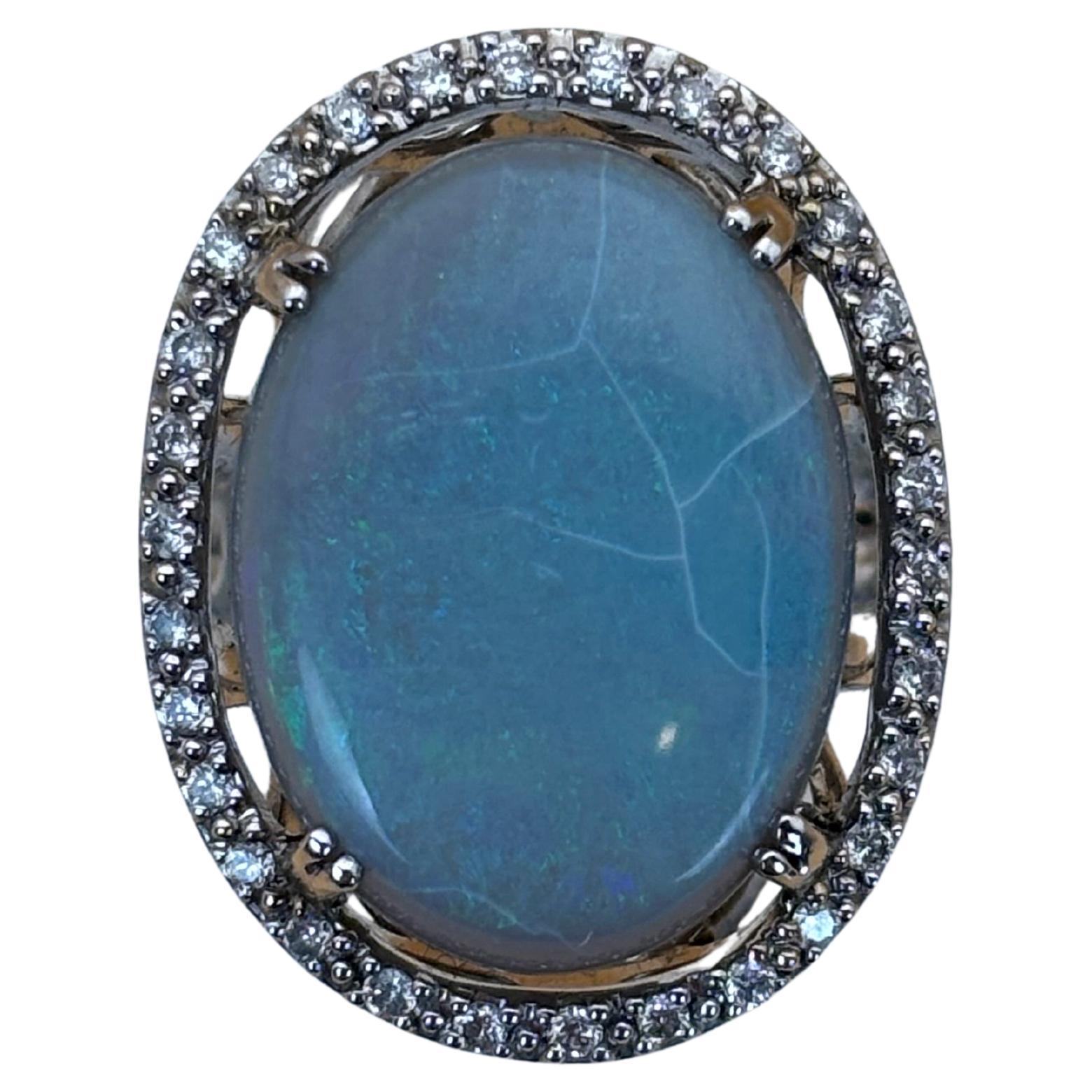 Elegant Vintage-Style Opal 
Diamond Cluster Ring in 18k White Gold For Sale