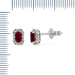 Elegant Vintage Style Red Ruby White Diamond White Gold Stud Earrings