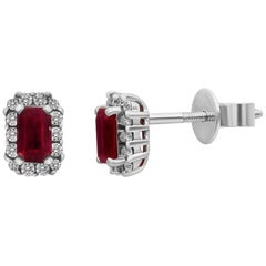 Elegant Vintage Style Red Ruby White Diamond White Gold Stud Earrings