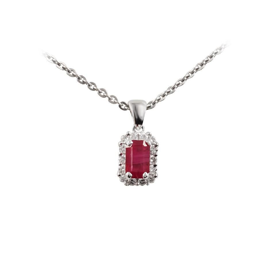 Round Cut Elegant Vintage Style Ruby White Diamond White Gold Pendant Necklace For Sale