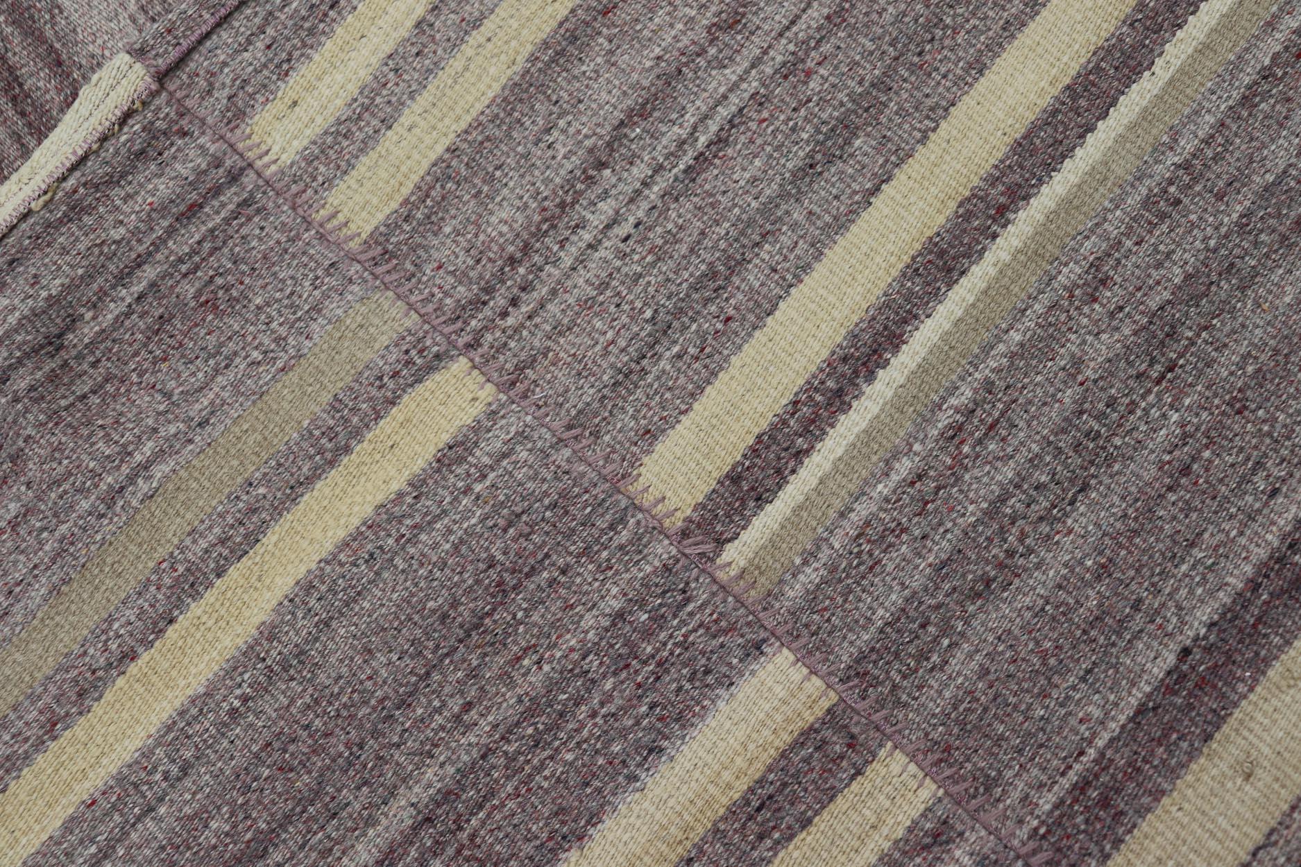 Elegant Vintage Turkish Kilim Rug with Mauve and Yellow Stripes 9'6 x 11'0 For Sale 5