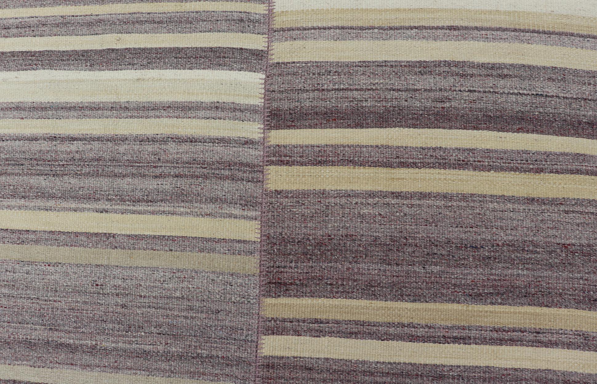 Measures: 9'6 x 11'
Elegant Vintage Turkish Kilim Room-Size Rug with Mauve and Yellow Stripes 9'6 x 11'. Keivan Woven Arts / rug / EN-15889, country of origin / type: Turkey / Kilim. 

This vintage Turkish kilim room-size rug features a
