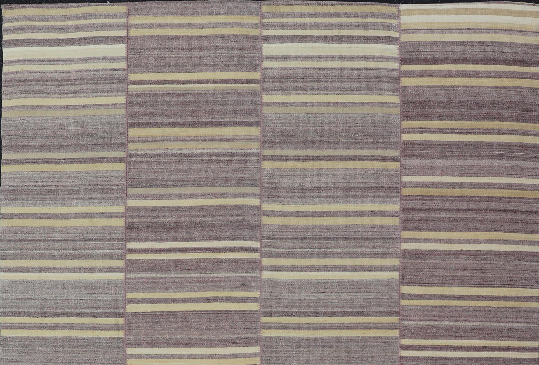 Hand-Woven Elegant Vintage Turkish Kilim Rug with Mauve and Yellow Stripes 9'6 x 11'0 For Sale