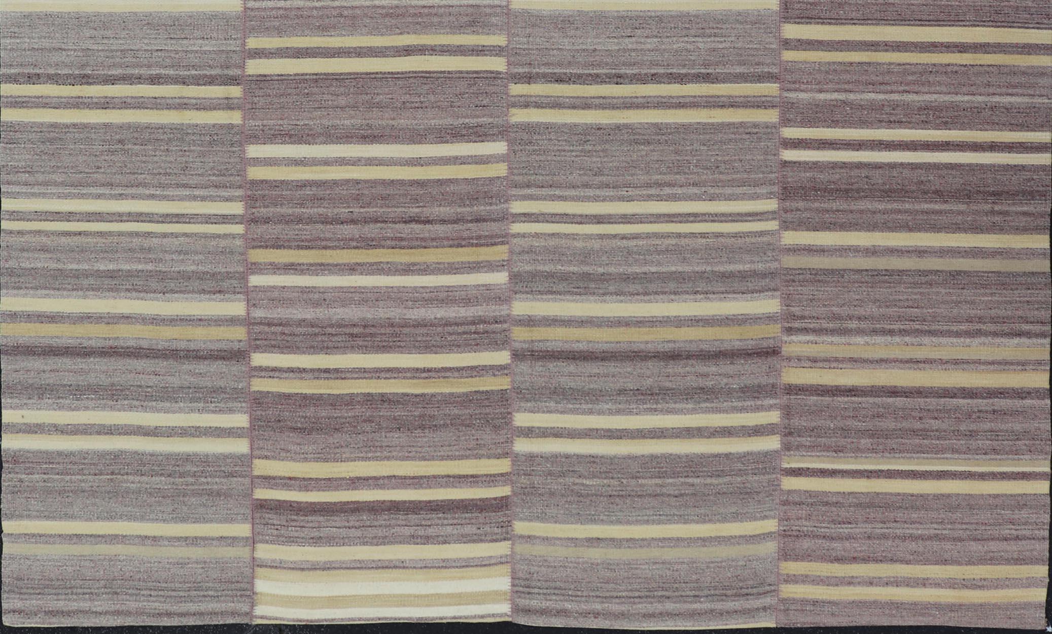 20th Century Elegant Vintage Turkish Kilim Rug with Mauve and Yellow Stripes 9'6 x 11'0 For Sale