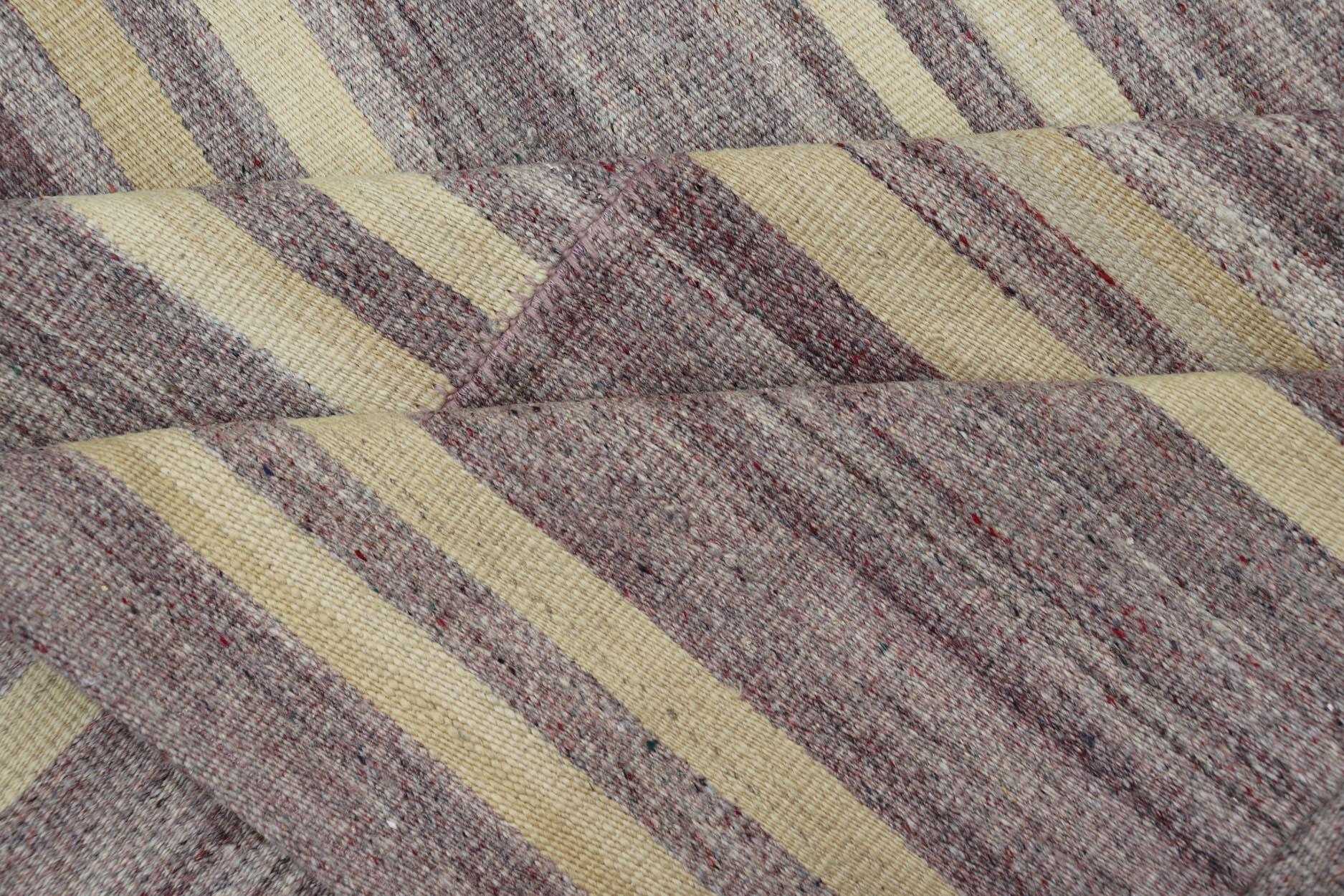 Wool Elegant Vintage Turkish Kilim Rug with Mauve and Yellow Stripes 9'6 x 11'0 For Sale
