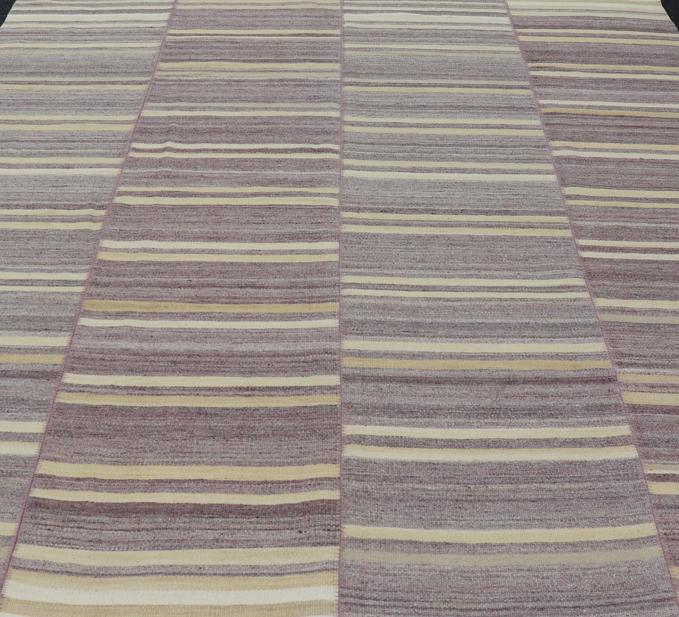 Elegant Vintage Turkish Kilim Rug with Mauve and Yellow Stripes 9'6 x 11'0 For Sale 1
