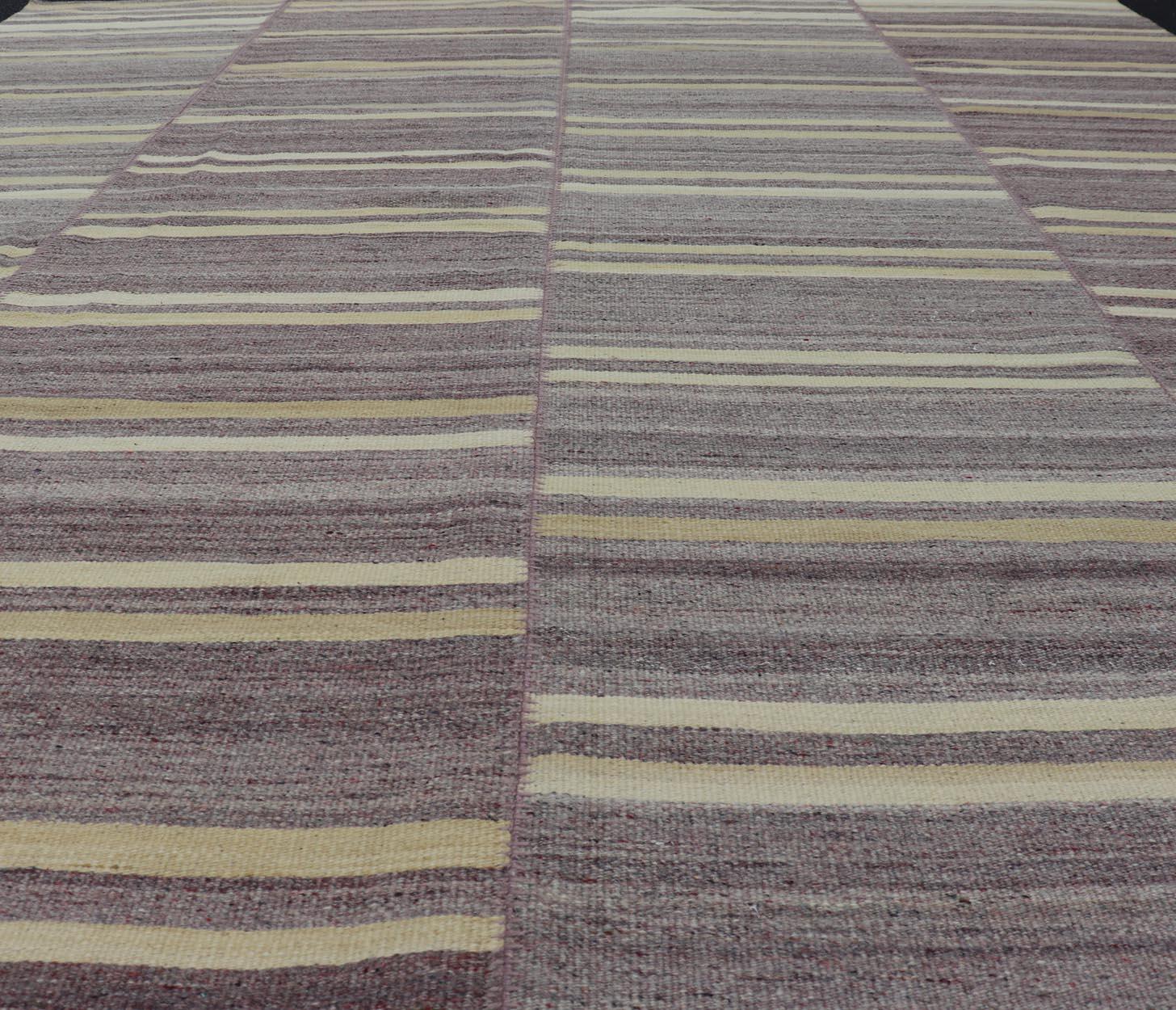 Elegant Vintage Turkish Kilim Rug with Mauve and Yellow Stripes 9'6 x 11'0 For Sale 2