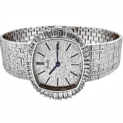 Elegant Vintage White Gold Cushion Shaped Piaget Watch w/ Baguette Diamond Bezel