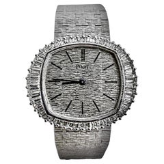 Elegant Vintage White Gold Cushion Shaped Piaget Watch w/ Baguette Diamond Bezel