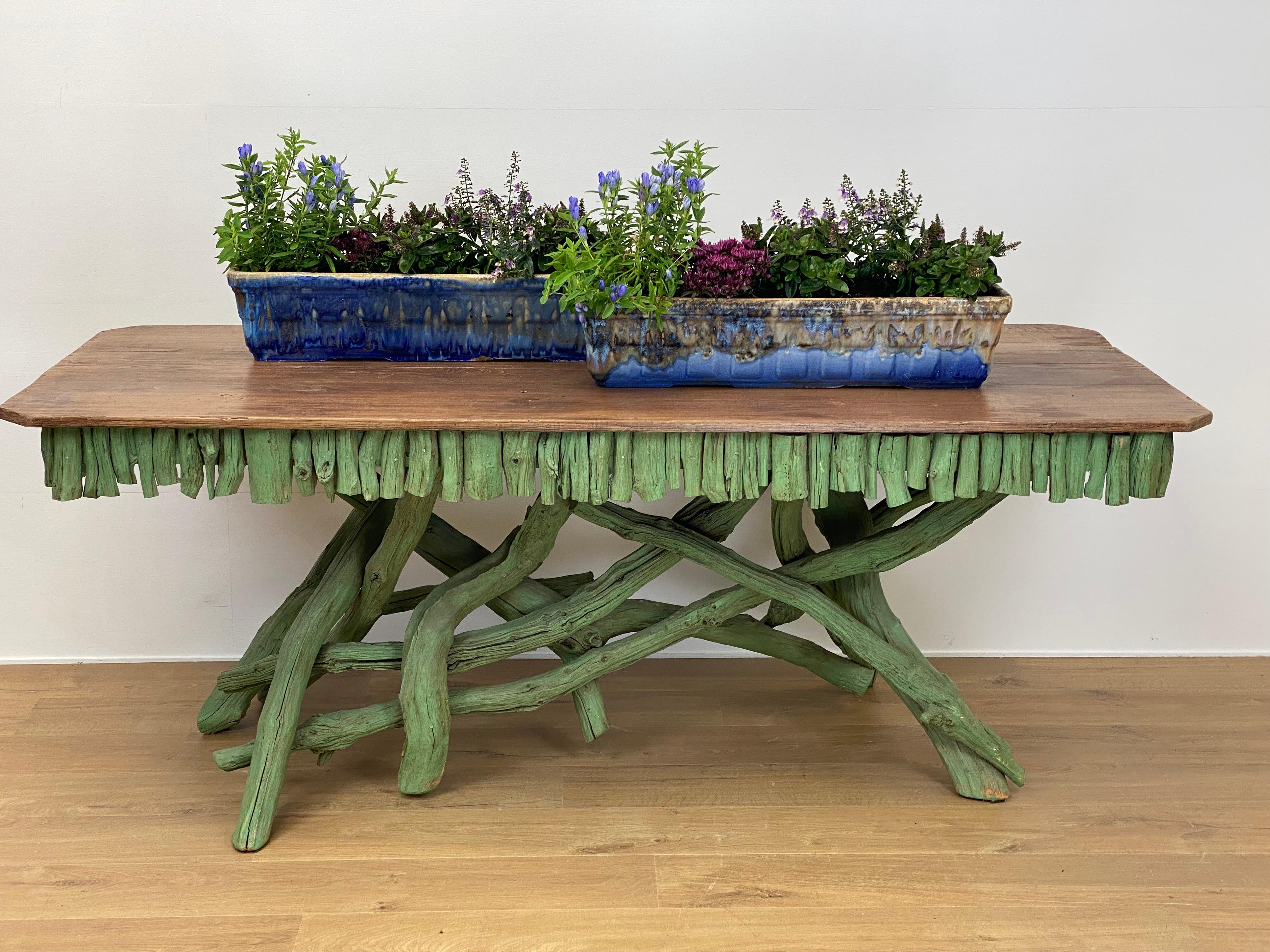 Elegant Vintage Wooden Branch Tables in a  Vivid Green Color 9