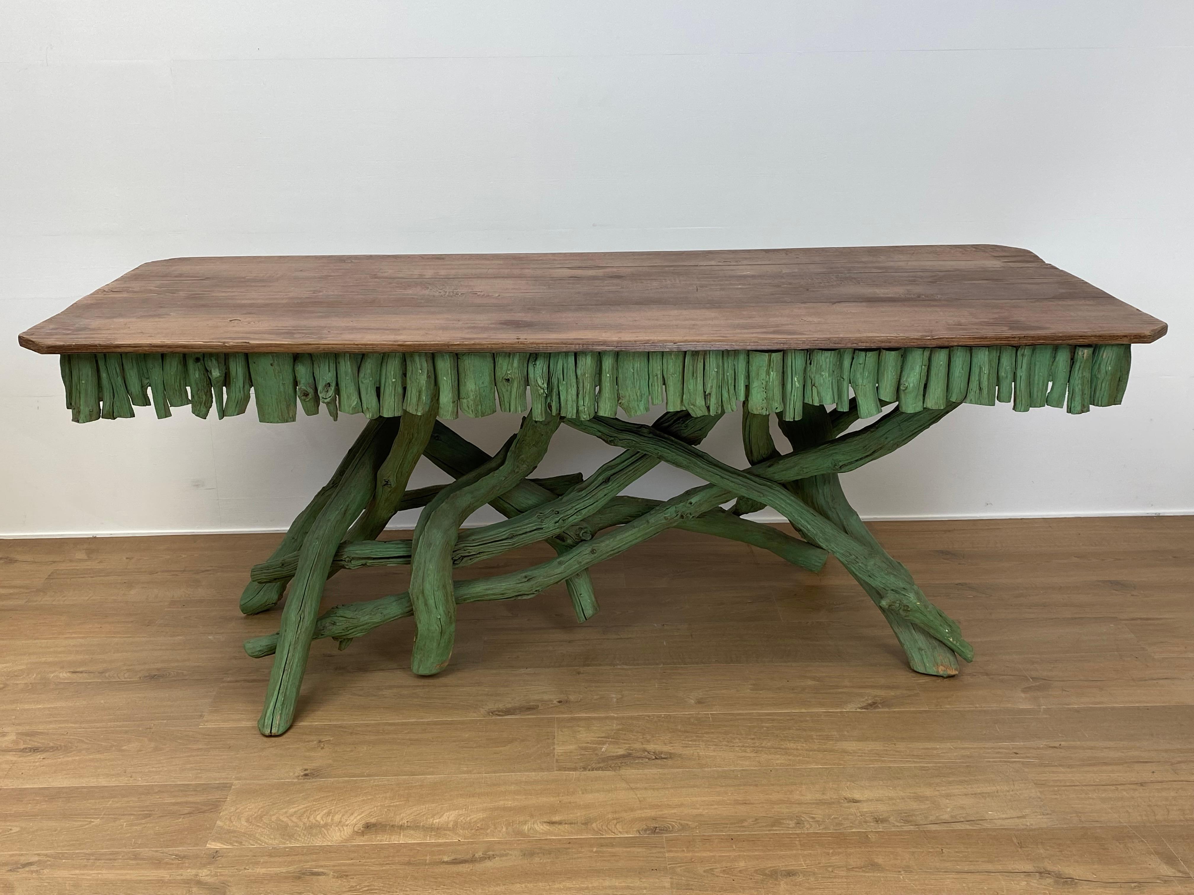 French Elegant Vintage Wooden Branch Tables in a  Vivid Green Color For Sale