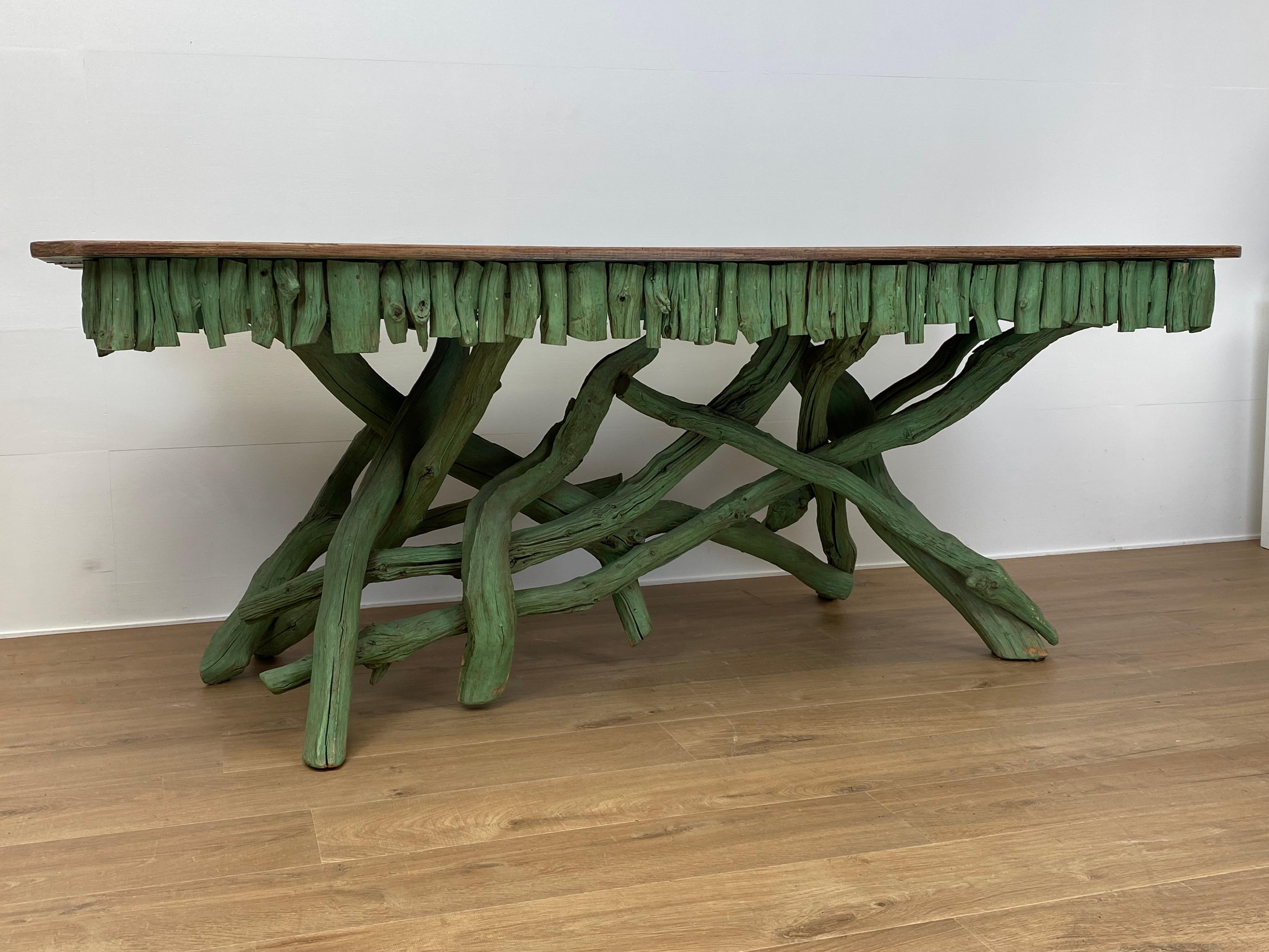 Hand-Painted Elegant Vintage Wooden Branch Tables in a  Vivid Green Color For Sale