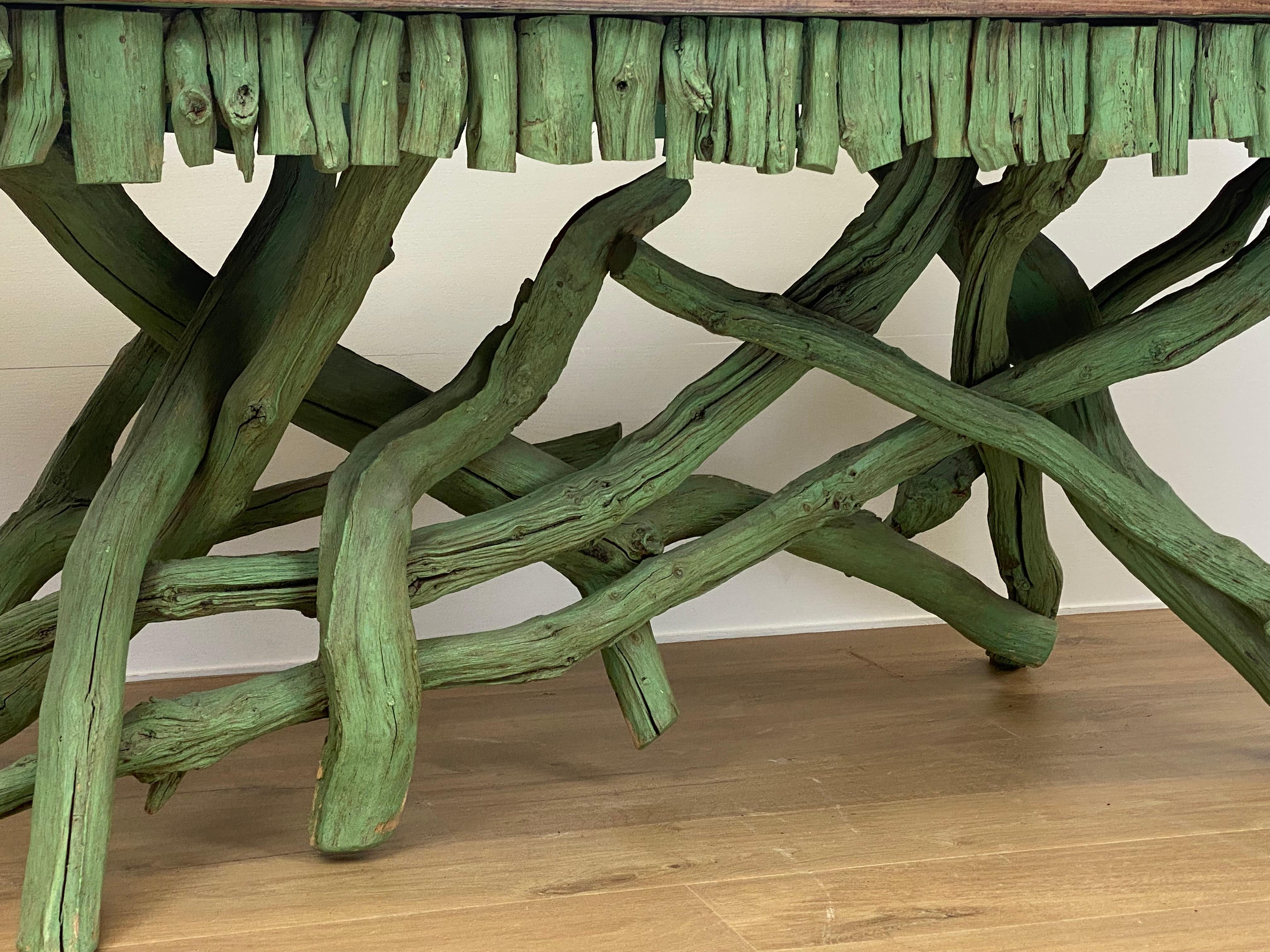 Elegant Vintage Wooden Branch Tables in a  Vivid Green Color In Excellent Condition For Sale In Schellebelle, BE