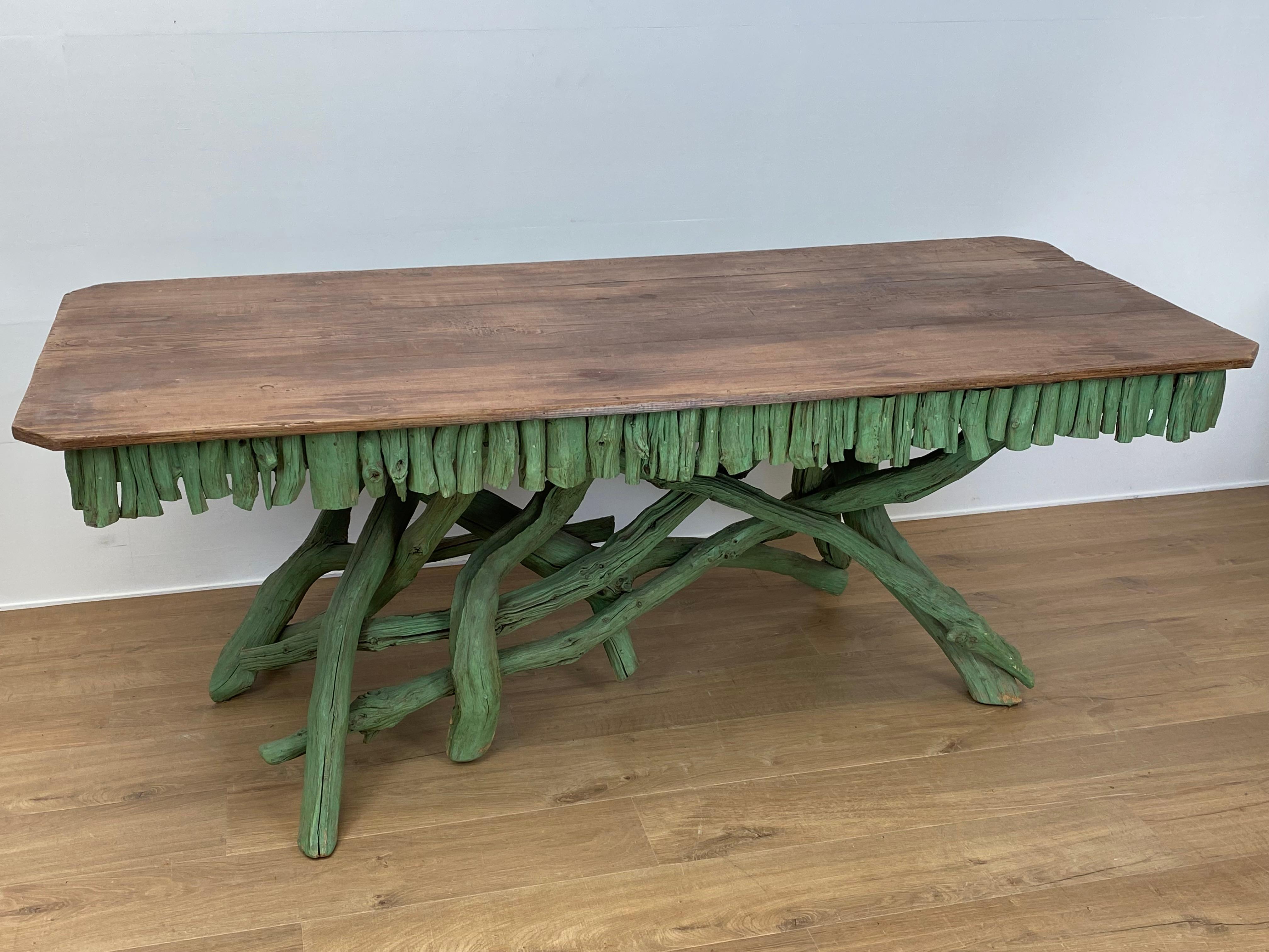 Late 20th Century Elegant Vintage Wooden Branch Tables in a  Vivid Green Color For Sale