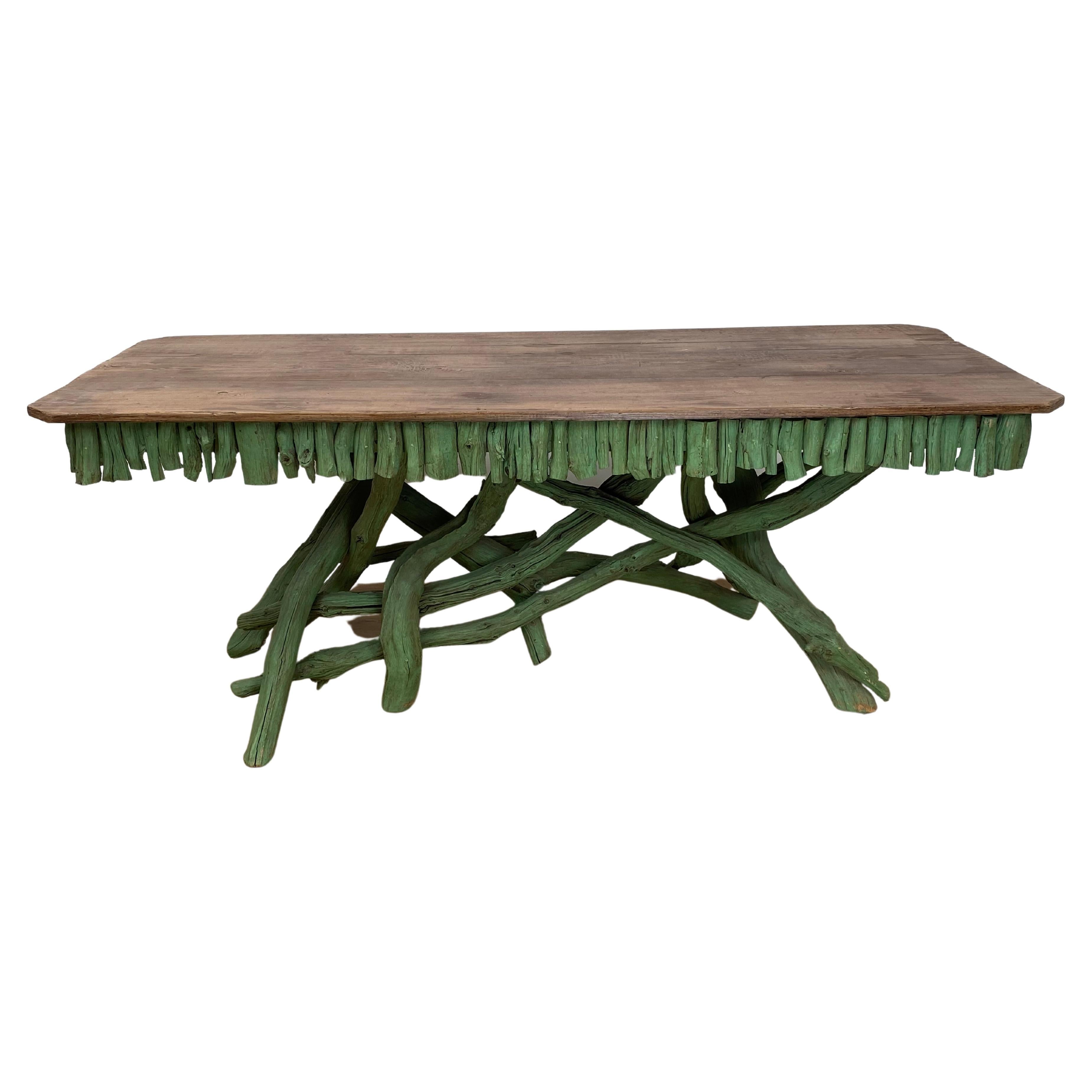 Elegant Vintage Wooden Branch Tables in a  Vivid Green Color For Sale