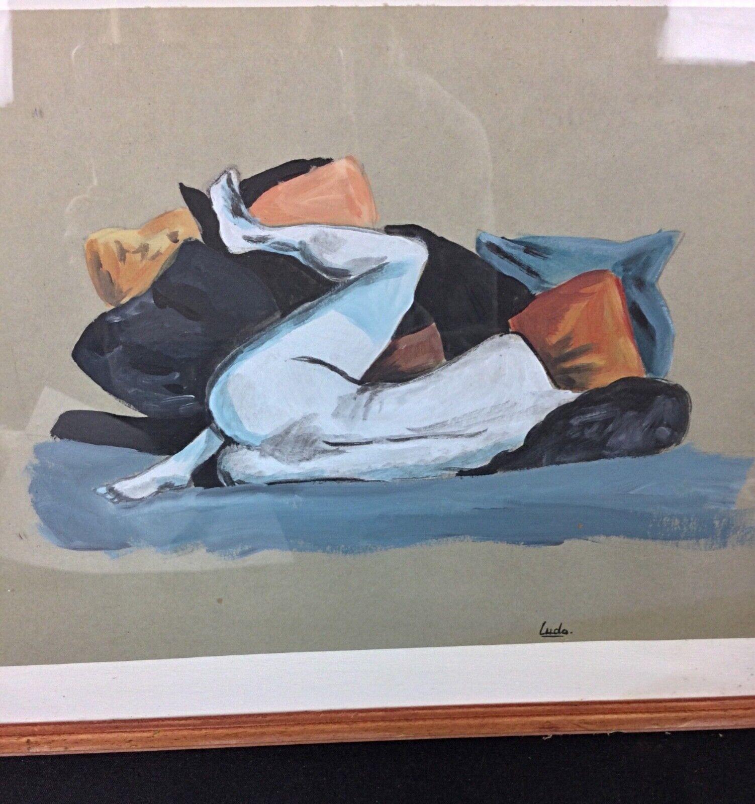 Français Aquarelle élégante de Ludo - Femme nue allongée, vue au dos - 2Y88 en vente
