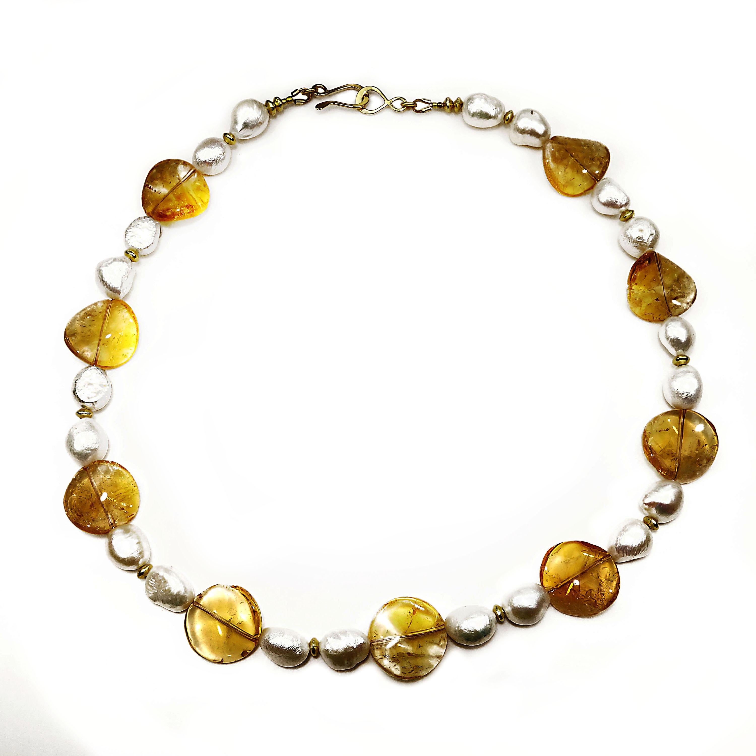 Women's or Men's Gemjunky Elegant Wavy Citrine and Baroque Pearl Choker Necklace