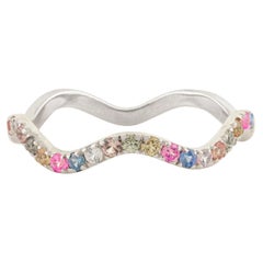 Elegant Wavy Multi-Sapphire Ring in 14 Karat Solid White Gold Rainbow Band