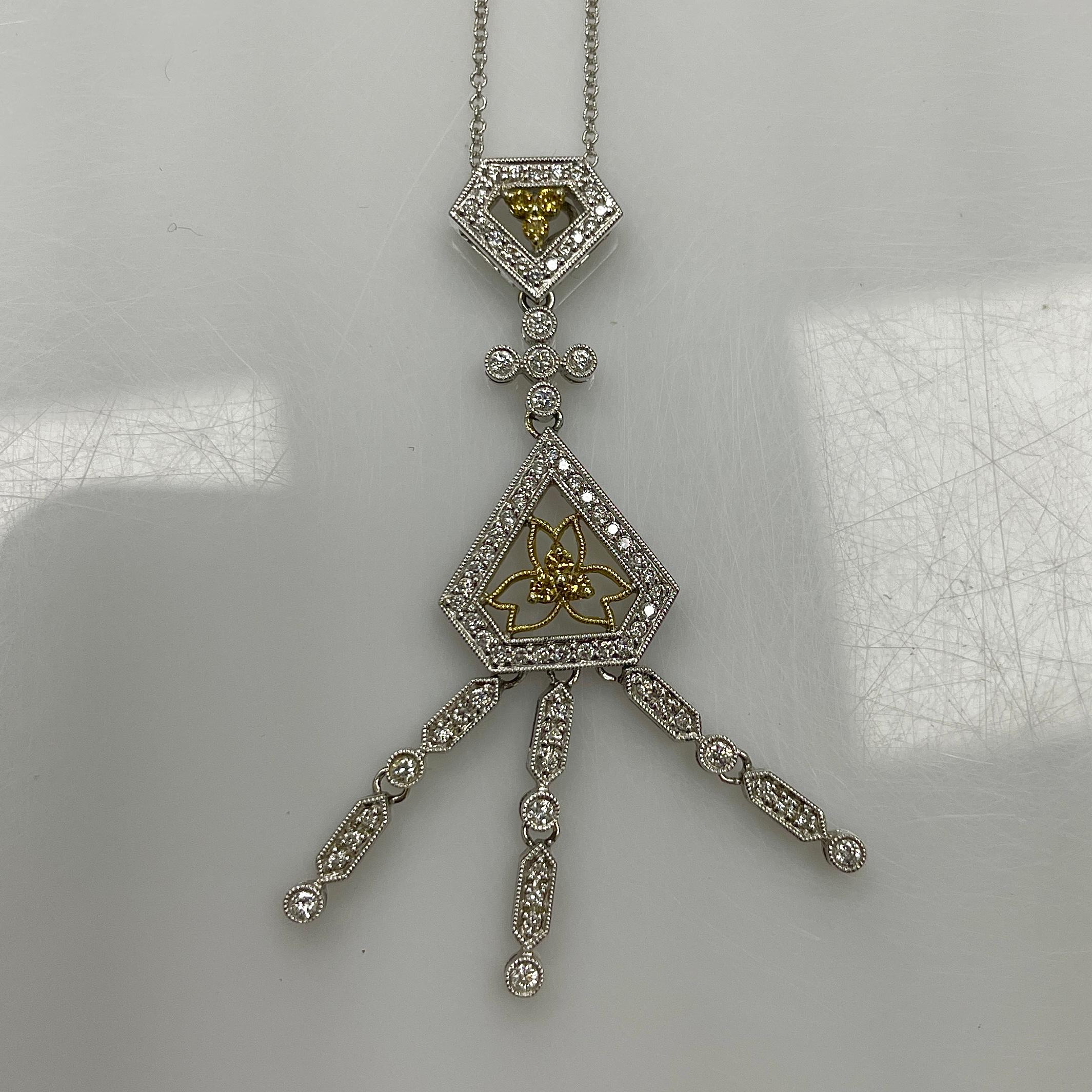 Round Cut Elegant White and Yellow Diamonds in White Gold Dangling Pendant For Sale