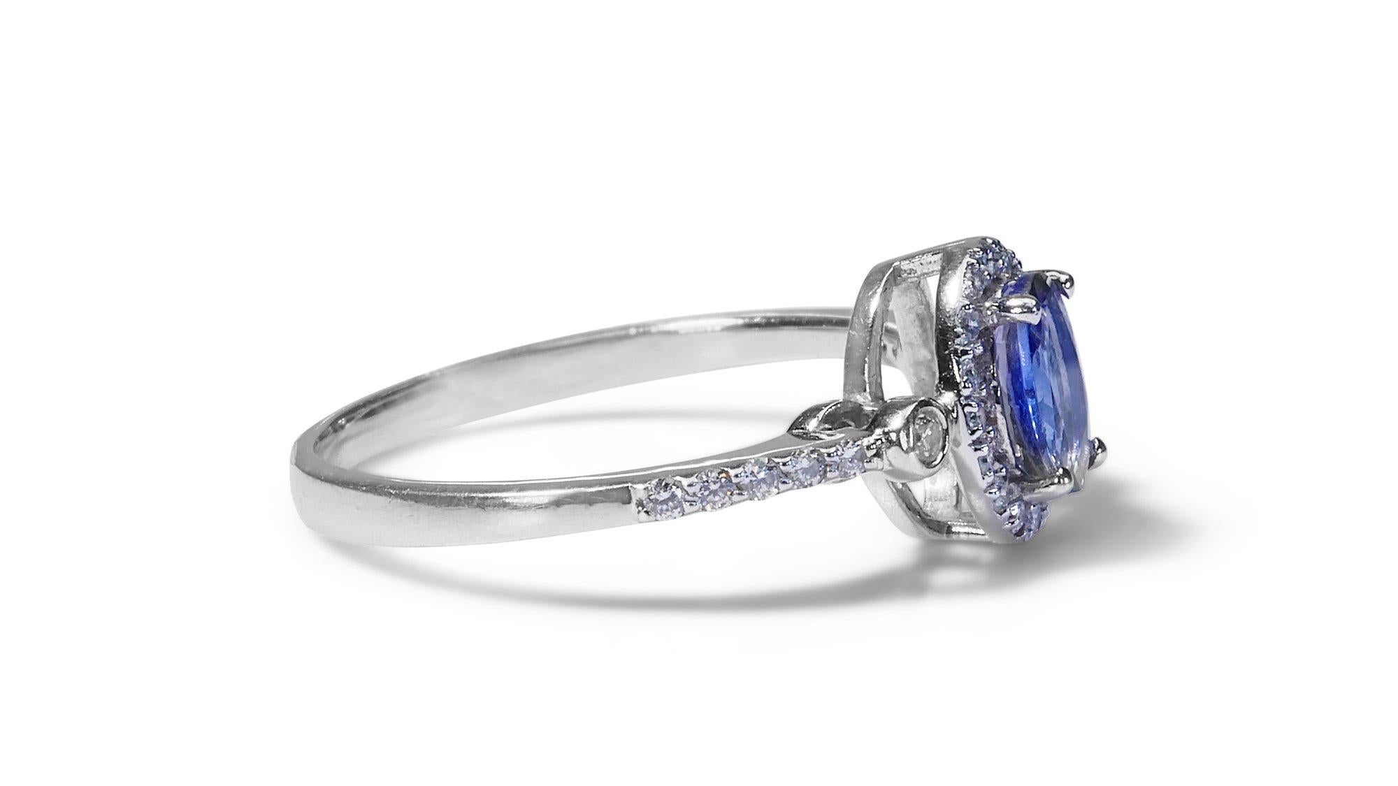 Oval Cut Elegant White Gold Halo Ring with 0.76ct Natural Tanzanite and Diamonds-IGI Cert